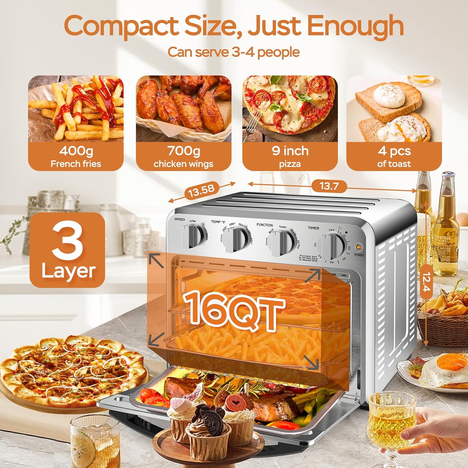 Geek Chef Air Fryer Toaster Oven Combo, 16QT 5-in-1 Toaster Ovens Countertop, Convection AirFryer with Bake, Air fryer & Toaster, Broil and Warm Functions, Stainless Steel Easy Oven for Wonder Meals