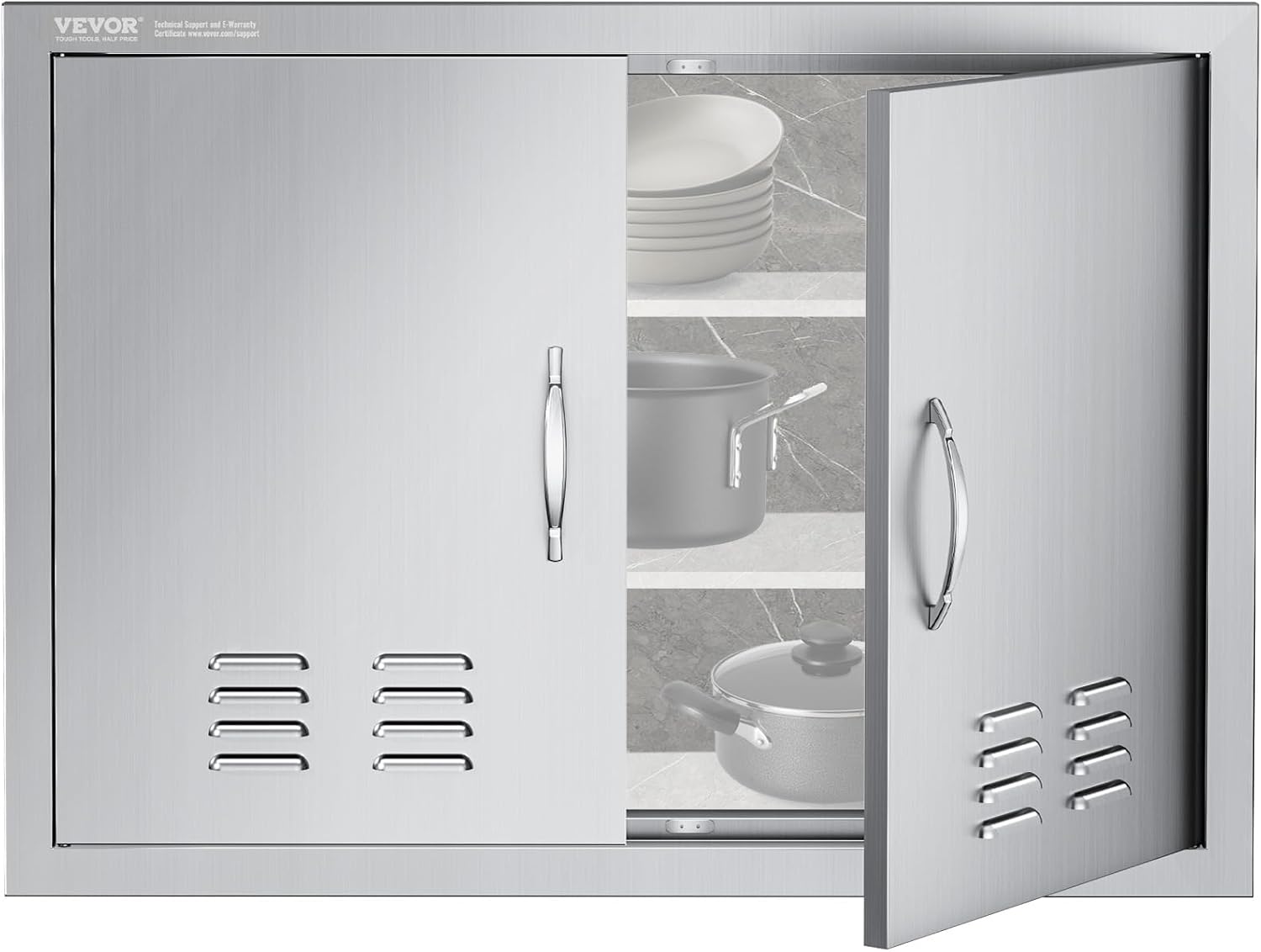 VEVOR Outdoor Kitchen Doors, 30W x 21H Inch, 304 Stainless Steel Double Doors with Vents, BBQ Access Door with 2 Detachable Handles, for BBQ Island