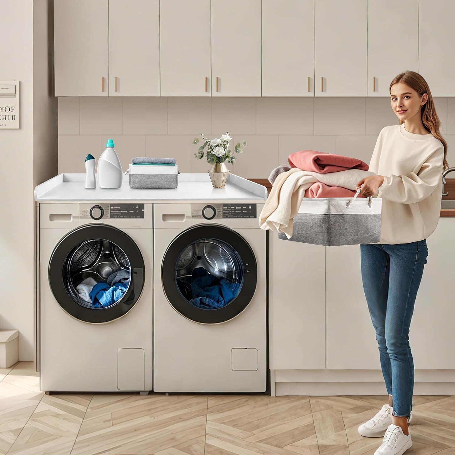 Washer Dryer Countertop with 2 Pack Storage Baskets, Wood Washer and Dryer Countertop with Non-Slip Pads/Edge Rails for Laundry Room Storage and Organization, 27.5