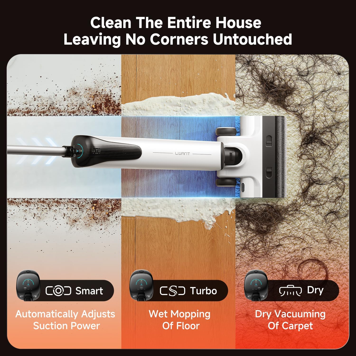 uwant D100 Wet Dry Vacuum Cleaner 180°Lay-Flat Vacuum Mop All in One with 18000Pa Suction Auto Self-Cleaning Anti Odor Stick Pushin Mop Dual-Edge Cleaning Electeic Mop Set for Hard Floor/Carpet,Milky