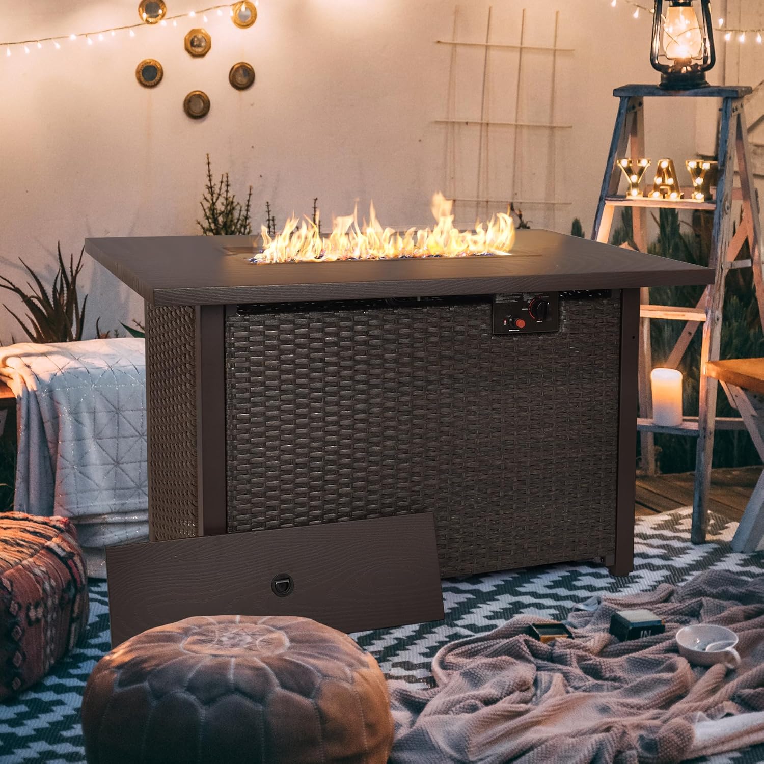 GOJOOASIS Outdoor Fire Pit Table 42 Inch Patio Propane Fire Pit Wicker Rattan 50,000 BTU Auto-Ignition Gas Pit for Outside Black Without Glass Wind Guard