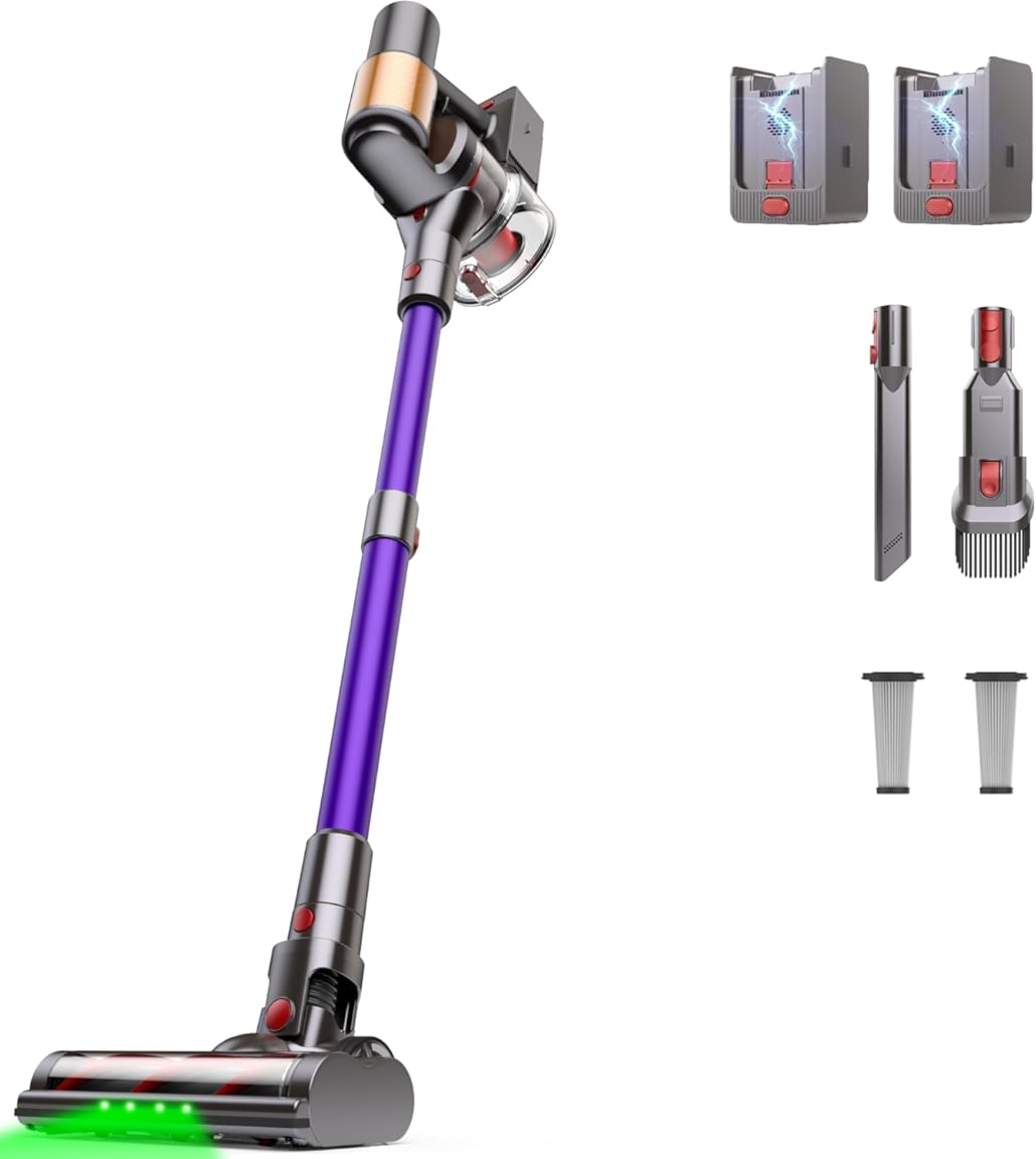 Cordless Vacuum Cleaner, 2 Batteries 120 Mins Runtime 50Kpa 600W, Vacuum Cleaners for Home with Anti-Tangle Design, Self-Standing, Stick Vacuum for Hardwood Floor, Carpet, Pet Hair