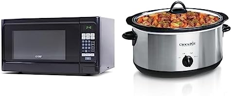 Countertop 1.1 Cubic Feet Microwave Oven, 1000 Watt, Black Front with Black Cabinet, Commercial Chef CHCM11100B & Crock-Pot 7 Quart Oval Manual Slow Cooker, Stainless Steel (SCV700-S-BR)