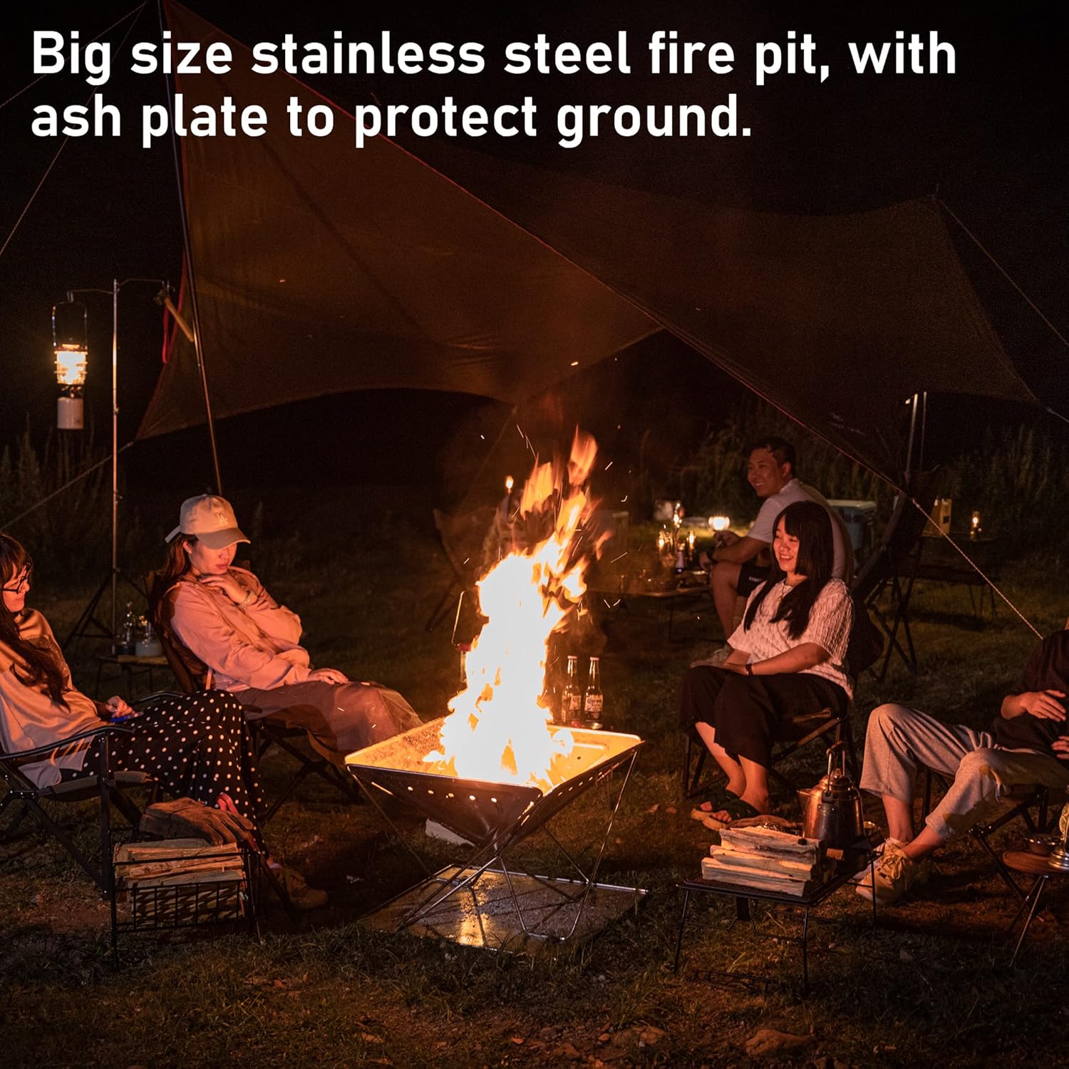 CAMPINGMOON Foldable Heavy Large Fire Pit Charcoal Wood Burning 24-inch Stainless Steel MT-065-FT with Duty Storage Bag