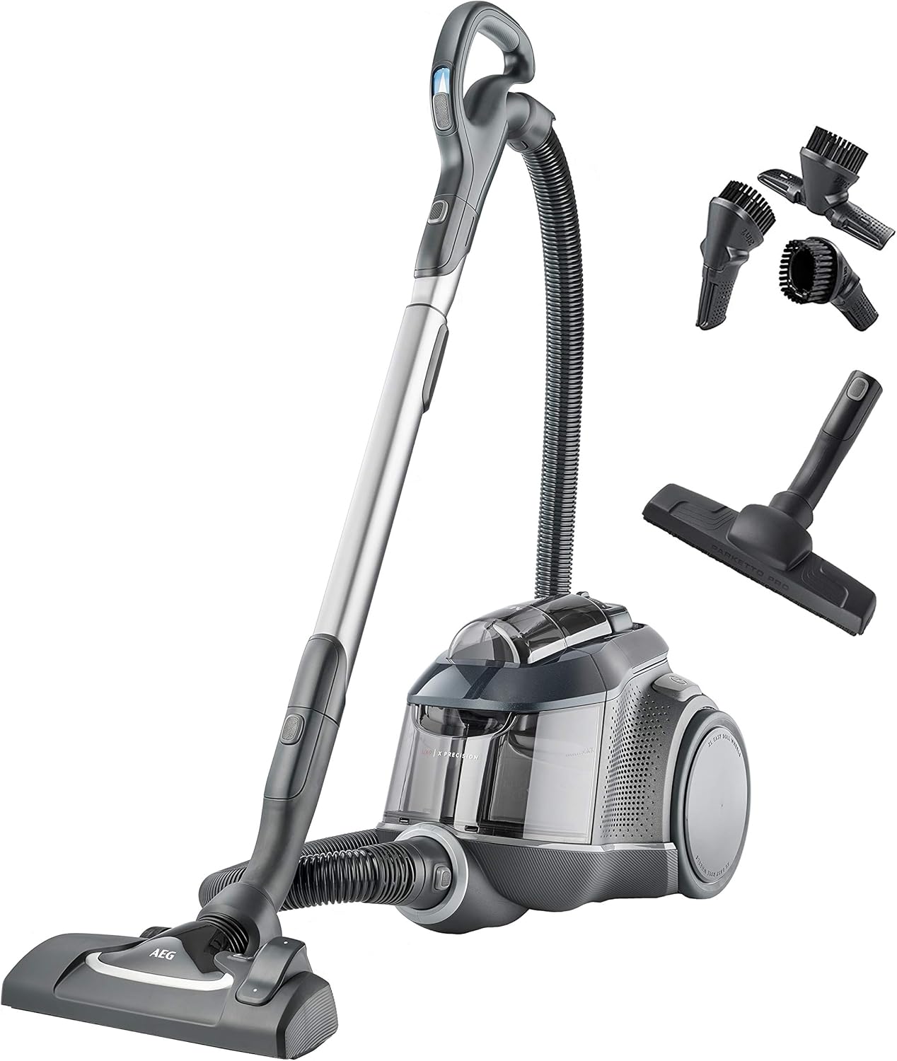 AEG LX9-3-STM Bagless Vacuum Cleaner (3D Filter System, 650 Watt, Additional Nozzles, XL Wheels, Easy To Drain Use, Only 72 dB(A), 12 m Radius of action, 1.6 L Dust Container, Oil Wheel)