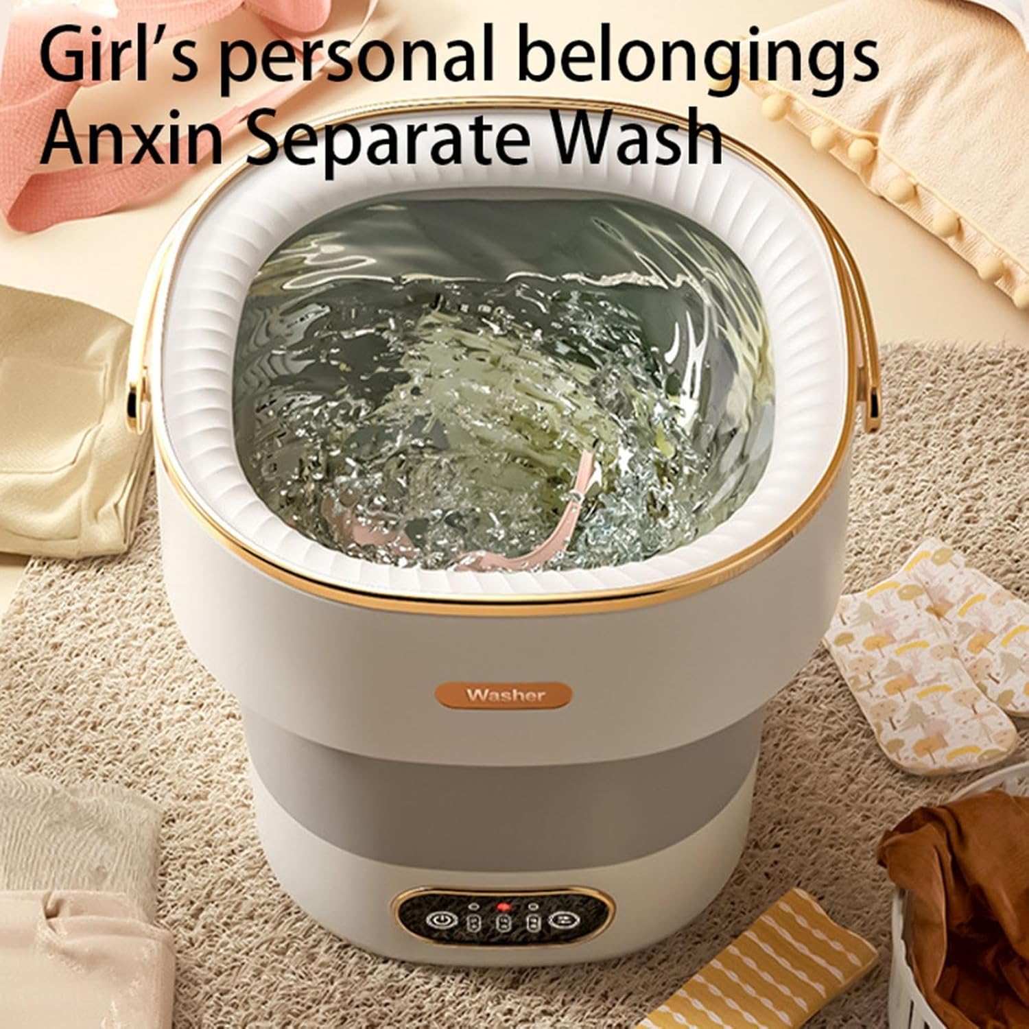 Mini Portable Washing Machine Laundry Cup 15L Washer with 3 Cleaning Modes and Drain Pipe for Apartments Travel and RV, Folding Clothes Washing Machines for Underwear and Baby Clothes (Beige)