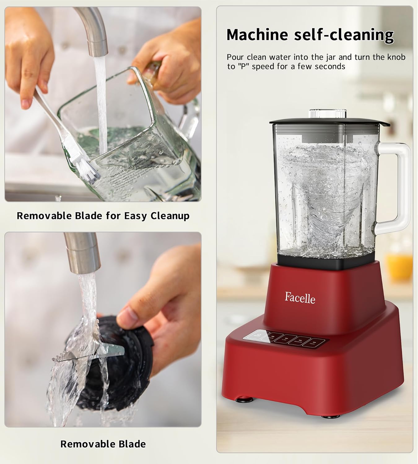 Red Smoothie Blender, Facelle Countertop Blender for Kitchen, 55 oz Glass blender for smoothies and Shakes, Licuadora, Smoothie maker with touchscreen 3+P Speeds, Cleaning brush ＆ removable SS blade