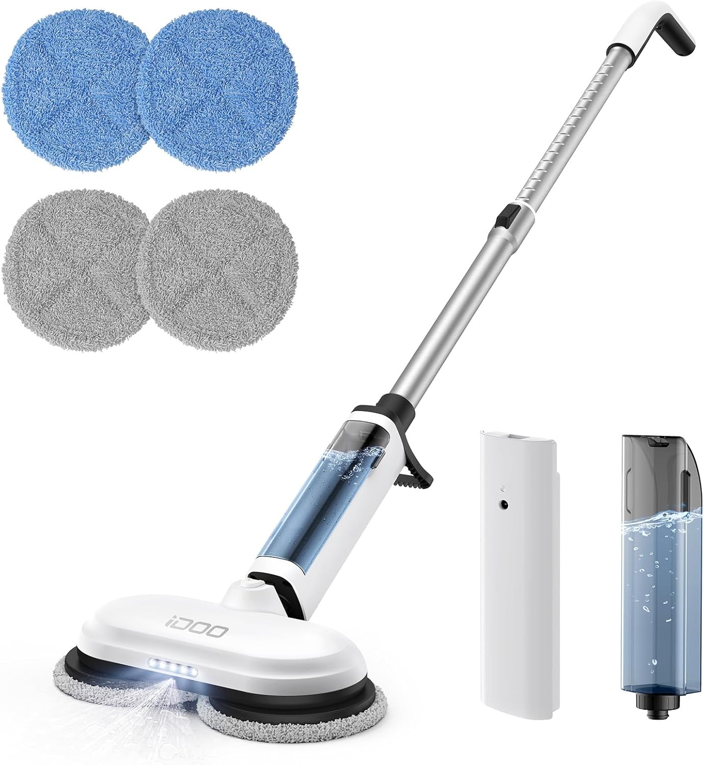 iDOO Electric Cordless Spin Dust Mop, Electric Mops for Floor Hardwood Tile Cleaning with Sprayer & LED Headlight, Rechargeable Dual-Motor, Quiet Self Propelled, Water Tank 4 Replaceable Heads, White