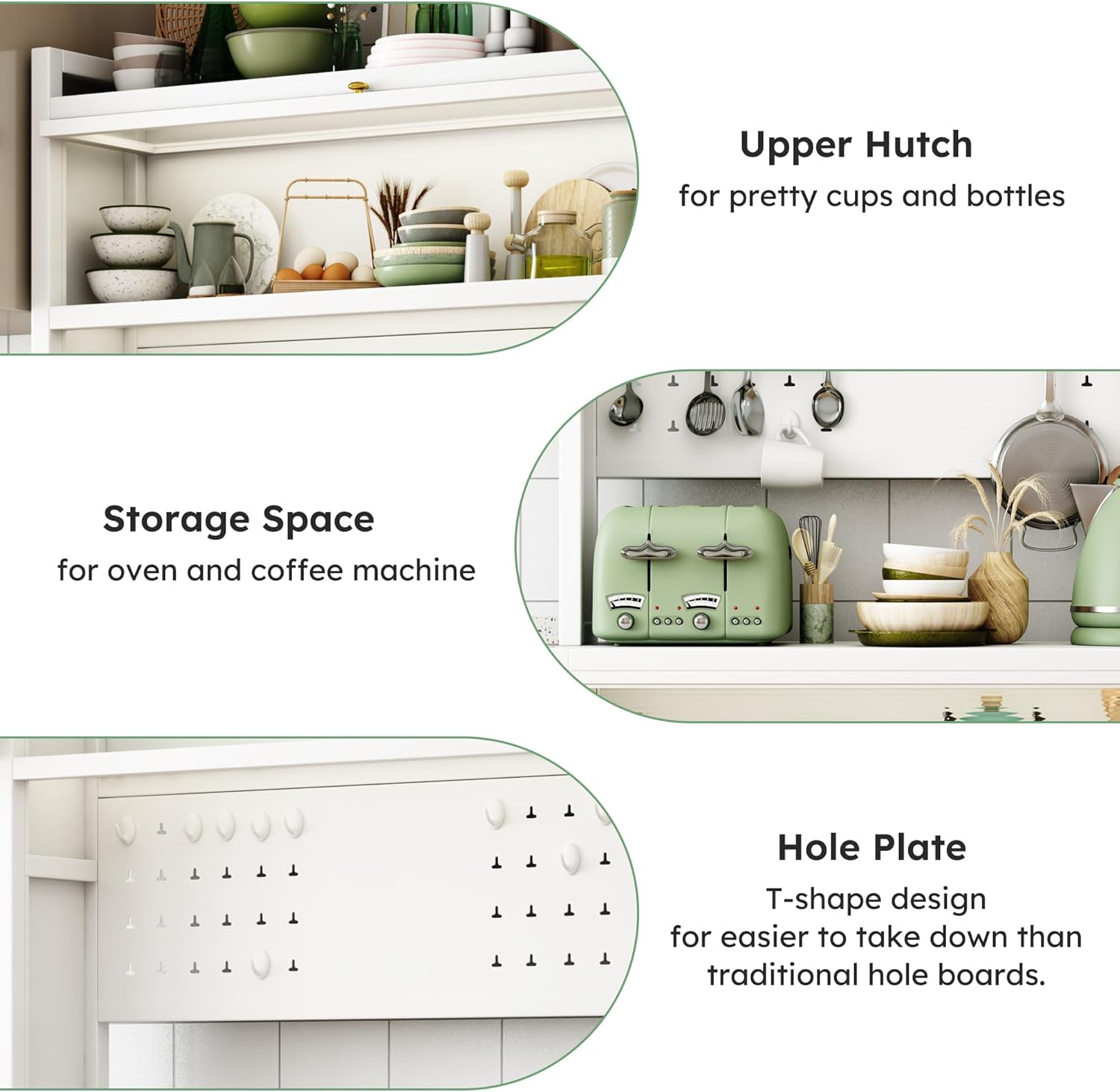 65'' Kitchen Pantry Storage Cabinet, Storage & Microwave Oven Countertop, Pantry Cabinets with 3 Doors and 4 Layers Hole Plate Versatile Storage for Kitchen, Living Room, Dining Room