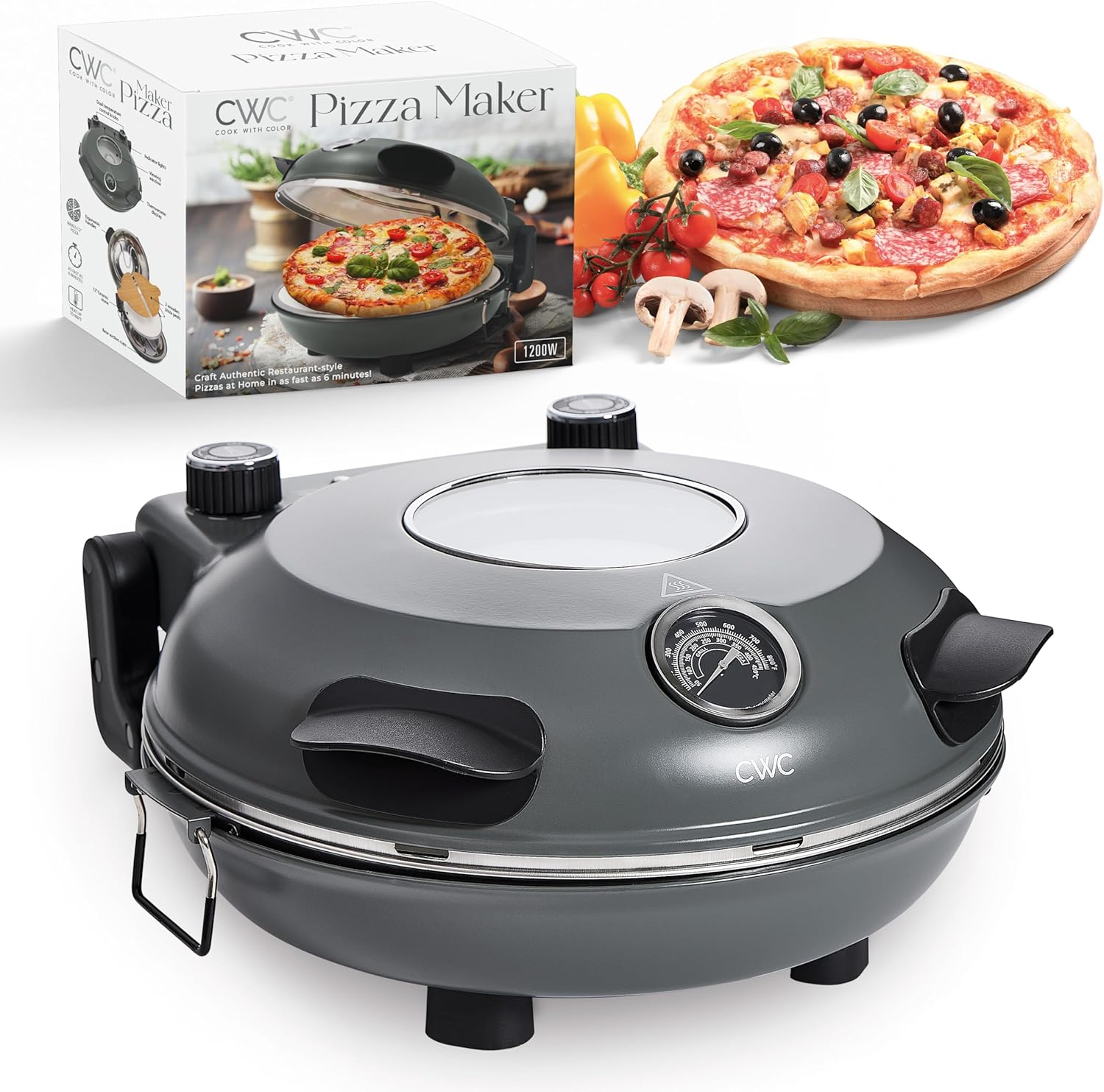 Cook With Color Electric Indoor Pizza Oven – Crispy Crust Countertop Pizza Maker, Heats up to 800˚F, 12 Inch Ceramic Stone, Dual Temperature Control Knobs, Bamboo Peel Included, Gunmetal Grey