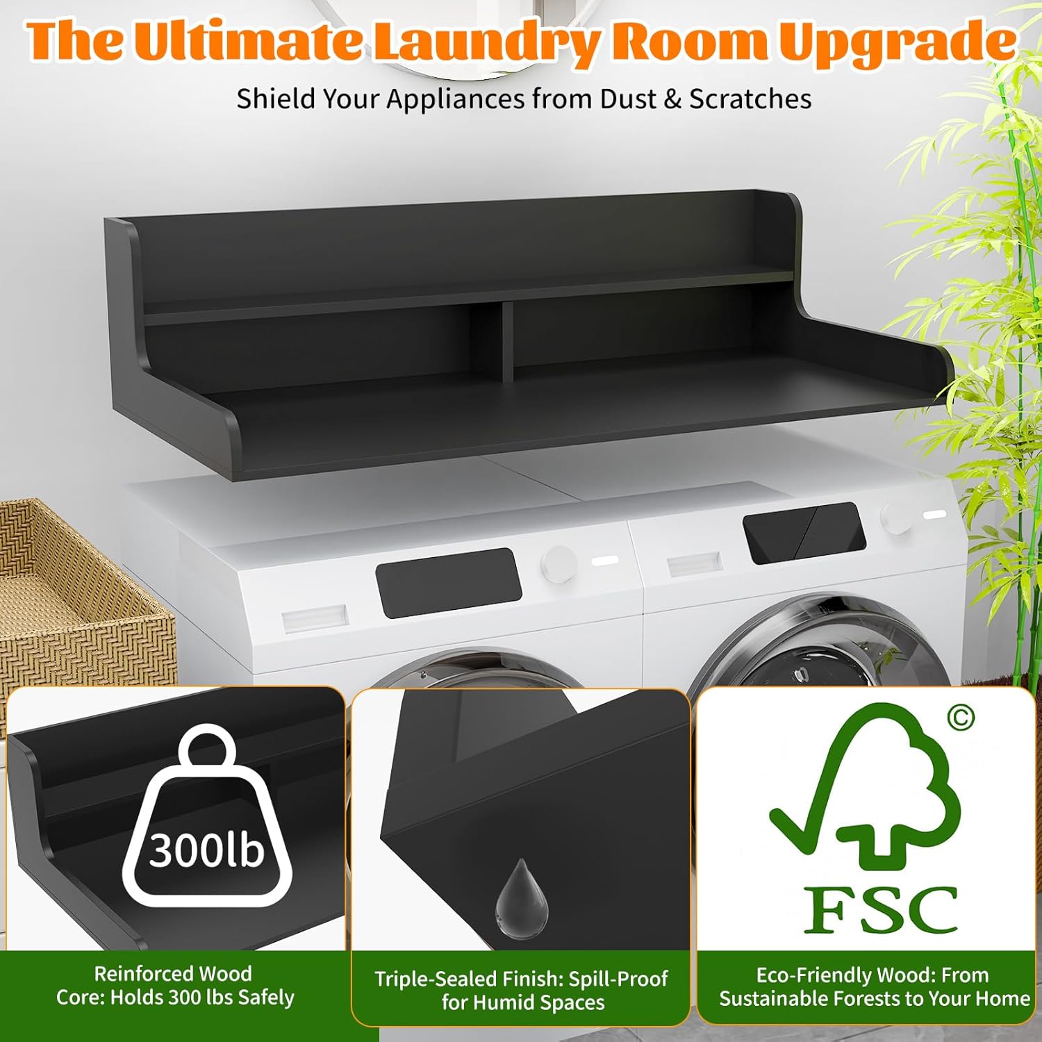 2-Tier Washer Dryer Countertop, Wood Laundry Countertop with Edge, 54