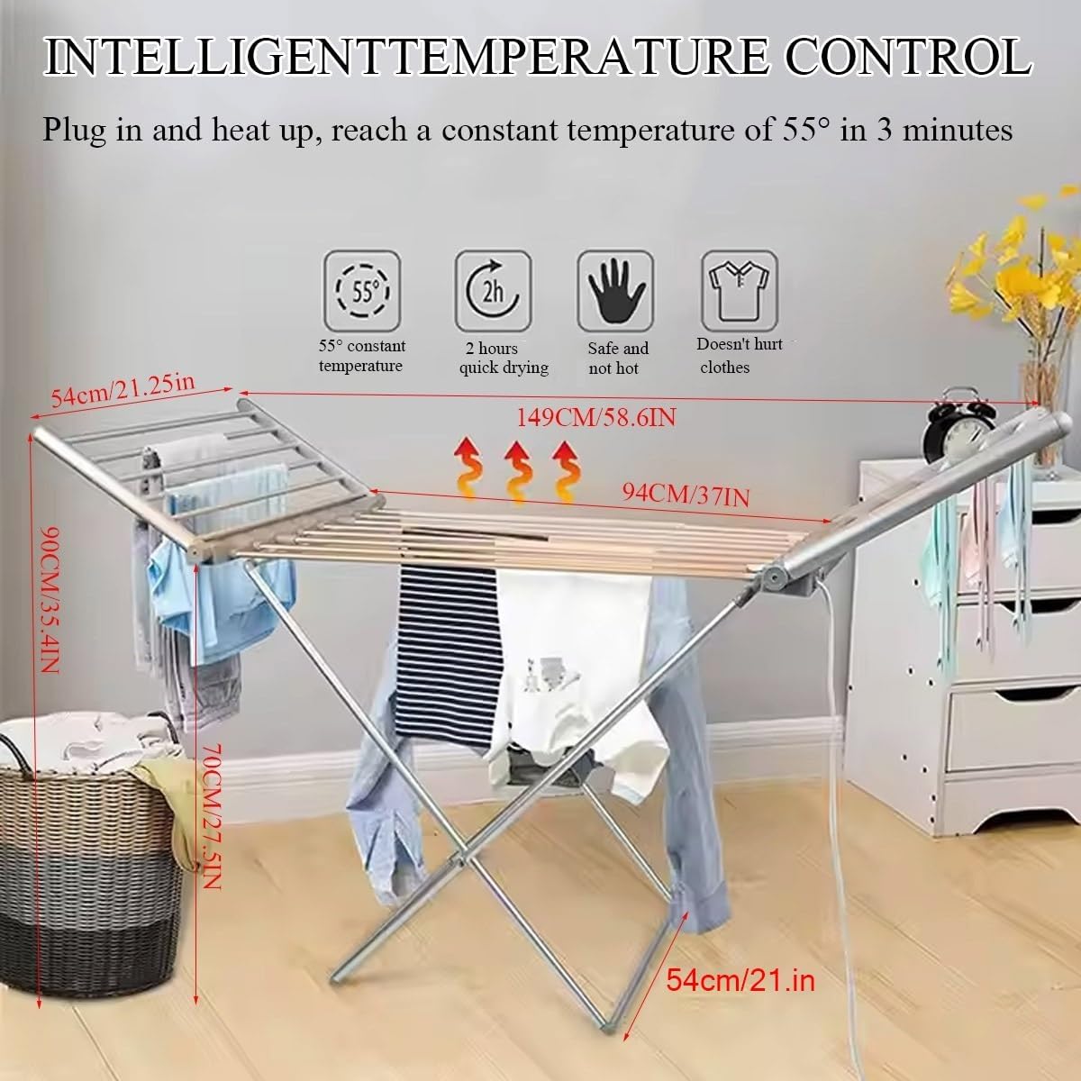 Home Electric Heated Clothes Drying Rack Balcony Foldable Clothes Airer Low Noise Metal Apartment Clothes Dryer with Wings Outdoor Large Capacity Laundry Airer 147 * 54 * 94cm