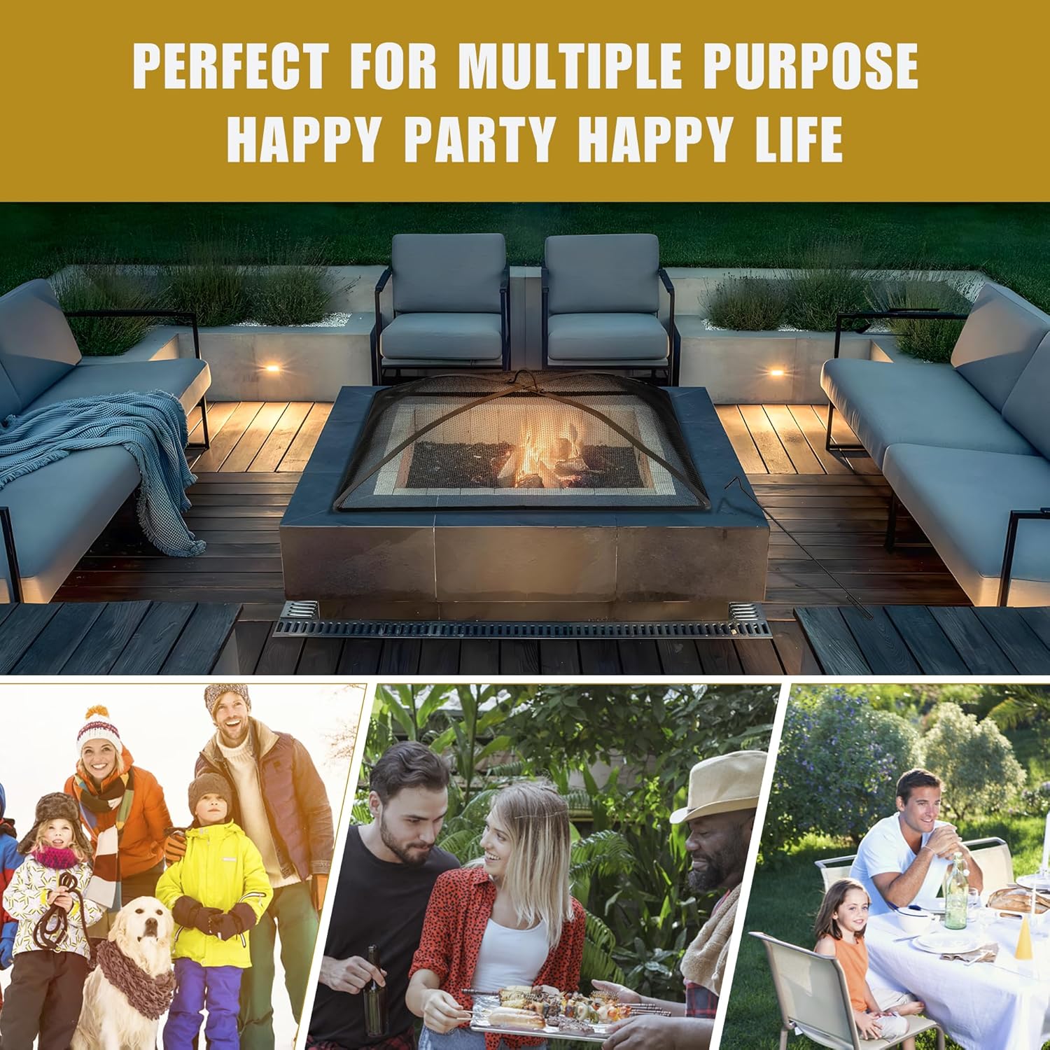 WeCooper Heavy Duty Fire Pit Spark Screen Cover,36in Steel Mesh Square Fire Pit Screen, FirePit Ember Guard with FirePit Poker