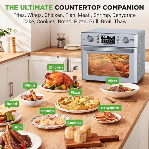 NutriChef 26QT Air Fryer Oven | Countertop Convection Toaster & Air Fryer | 360° Rotisserie Feature | 10 Digital Presets | Includes Drip Tray, Air Frying Basket & Bake Rack 15x16x14 | Stainless Steel