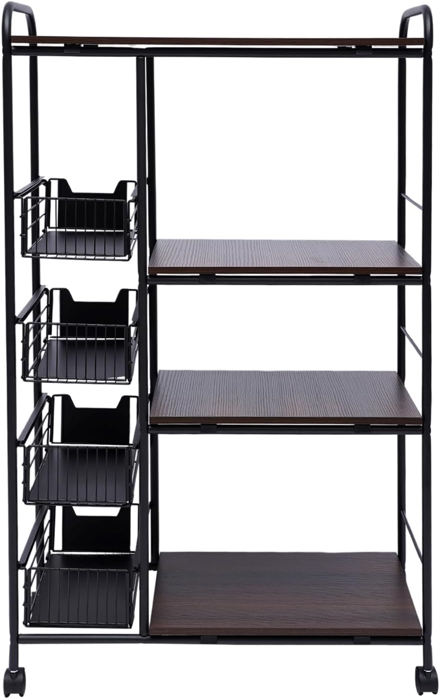 4-Tier Kitchen Standing Bakers Rack, Microwave Oven Stand Rack, Utility Workstation Stand, Kitchen Cart with Storage Basket & Wheels, Kitchen Organizer Shelf for Spices/Utensils Foods, Vintage Brown