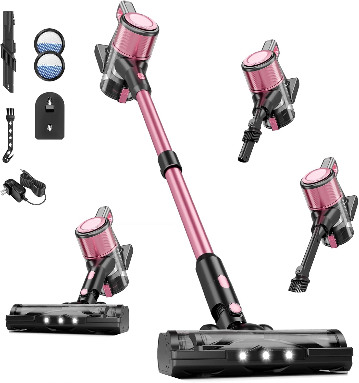 Cordless Vacuum Cleaner, 38Kpa Powerful Stick Vacuum Cleaner with 45mins Rechargeable Battery, LED Anti-Tangle Brush, 8-in-1 Handheld Vacuum Cleaners for Home/Pet Hair/Carpets/Floors, Rose