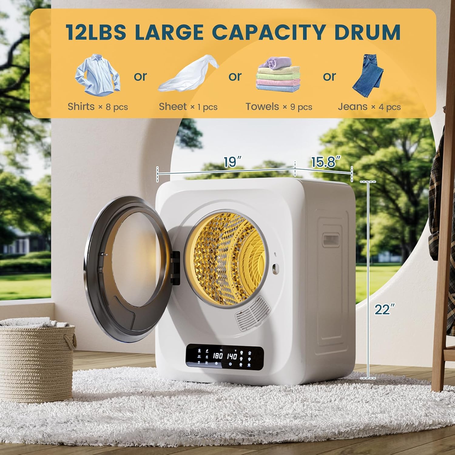 Zynkez 12Lbs Portable Clothes Dryer, 120V 850W Electric Compact Laundry Dryer with 6 Drying Modes, LED Touch Panel, Stainless Steel Tub for Apartments, Home, Dorms, RVs (White)