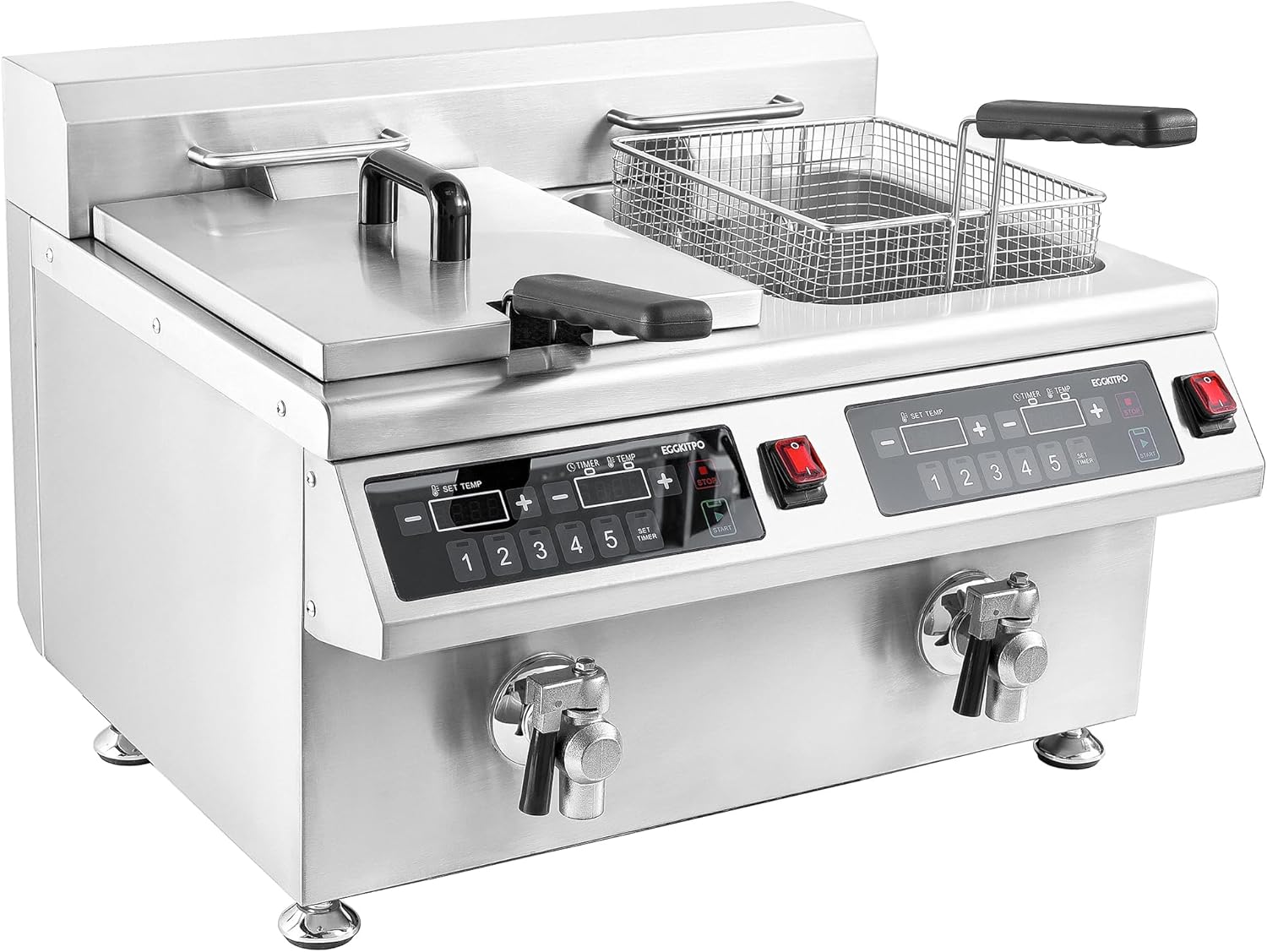 EGGKITPO 240V 7000W Commercial Induction Fryer 12L×2(25.4 QT) Electric Deep Fryer with Solid Baskets, 60 Minutes Timer Oil Drain Stainless Steel Bulid for Large Restaurant or Business Use