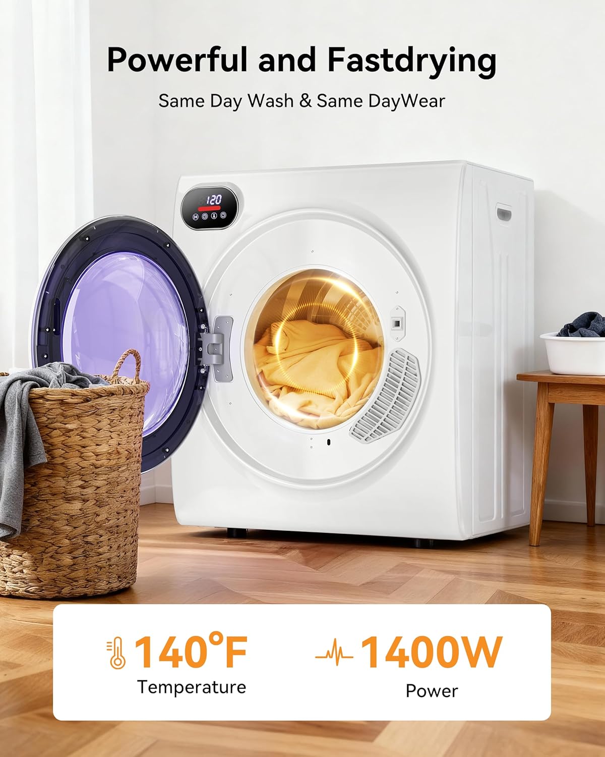 2.65 Cu.Ft Portable Dryer, 1400W Clothes Dryer with Stainless Steel Tub, LCD Touch Panel, Dryer Machine with 4-Mode for Home, Dorm, RVs