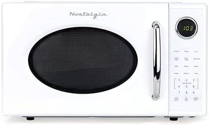 Nostalgia Retro 1000W Microwave Oven 1.1 Cu Ft Capacity – Child Safety Lock, 8 Auto-Cook Settings – Countertop Kitchen Appliance – White
