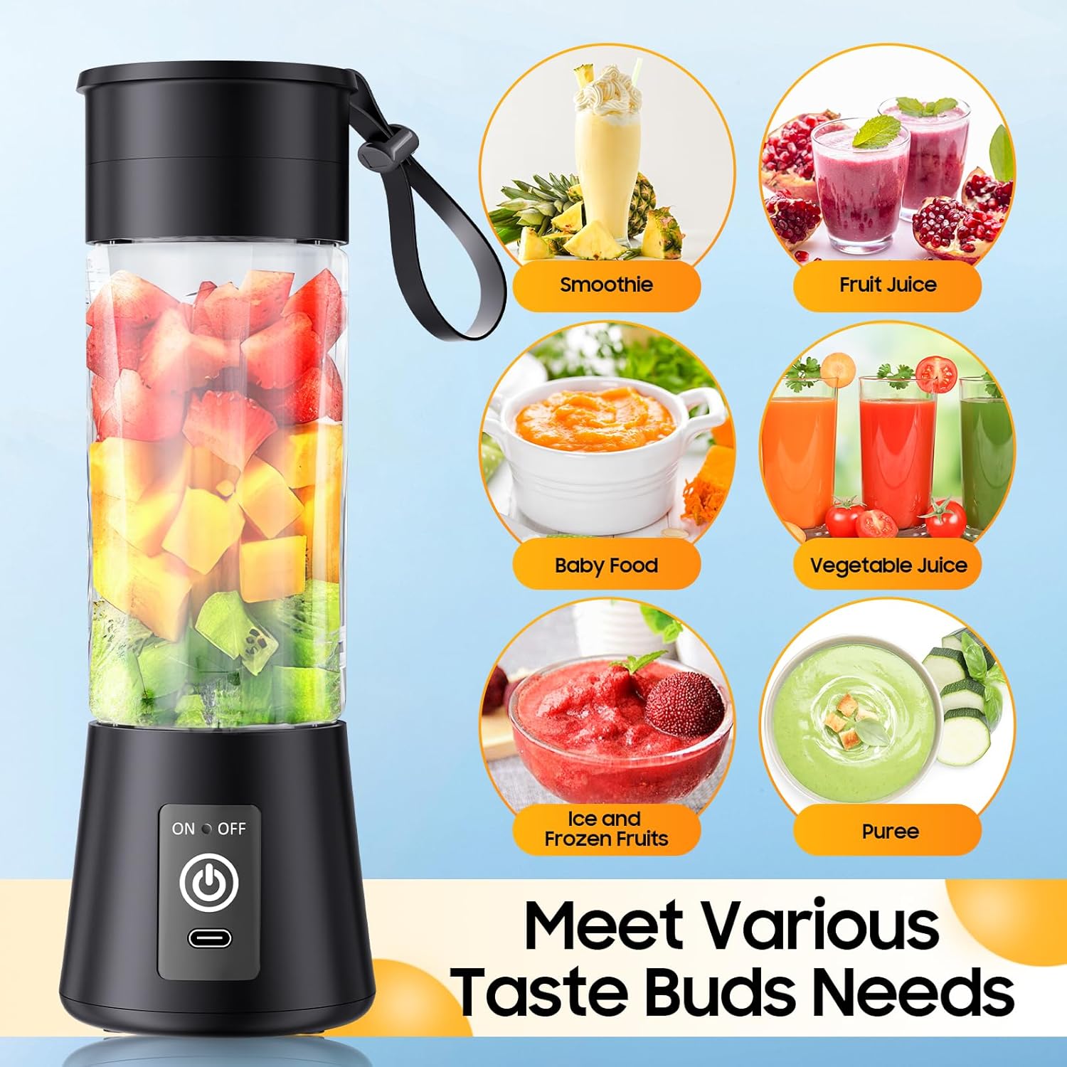 2025 Newly Upgraded Portable Smoothie Blender - Cordless Personal Blender Type-C Rechargeable, 13Oz Traveling Juice Cup BAP Free, 20,000Rpm Speed Powerful Blending, Freshly Squeezed in Sports/Office