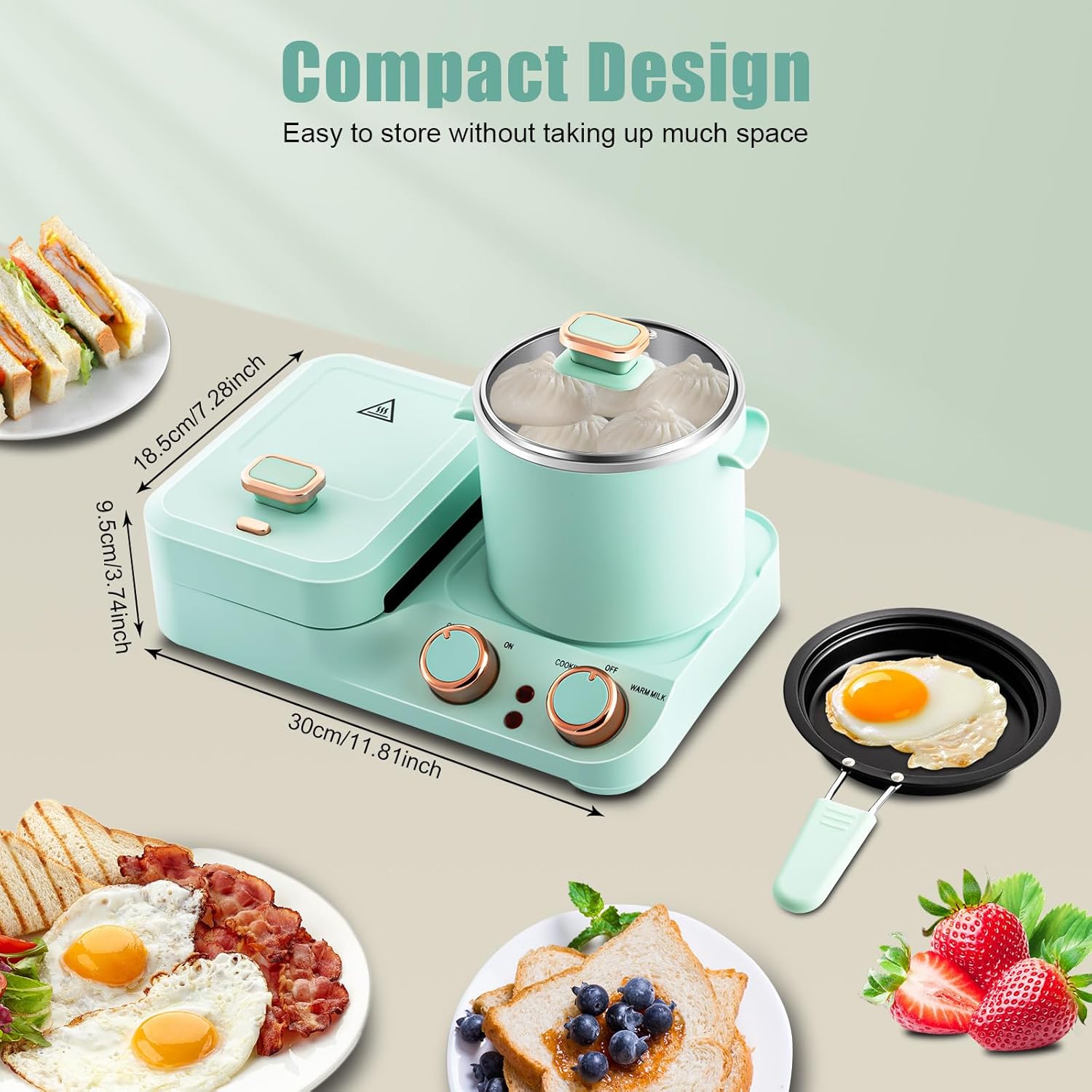 3-in-1 Breakfast Station, Electric Non-stick Mini Toaster Bread Sandwich Maker Machine & Frying Pan & Stock Pot, Multifunctional Cooking Station,Household Breakfast Appliances for Small Spaces