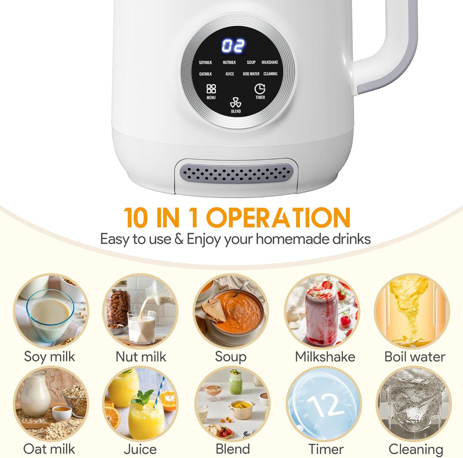 8-in-1 Nut Milk Maker, 40oz Blender Homemade Almond, Oat, Soy, Coconut milk, Juice & Soup, Electric Bean Milk Machine with Delay Start/Auto-Clean/Boil Water/Keep Warm, White