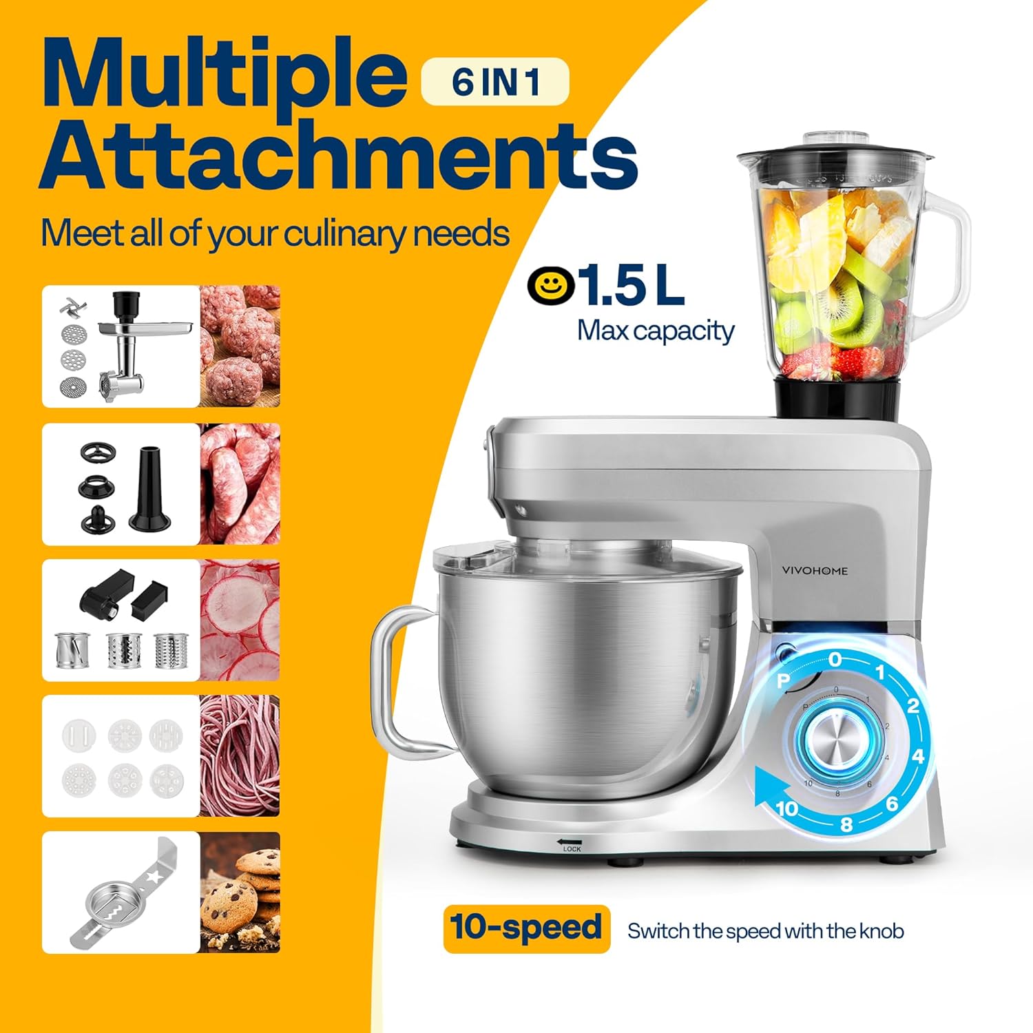 VIVOHOME 6-in-1 Stand Mixer, 8.5 Quart Electric Tilt-Head Kitchen Mixer with Bowl, Multifunctional Food Mixer for Cake, Bread, and Dough, with Meat Grinder, Blender, Pasta Maker Attachments, Silver