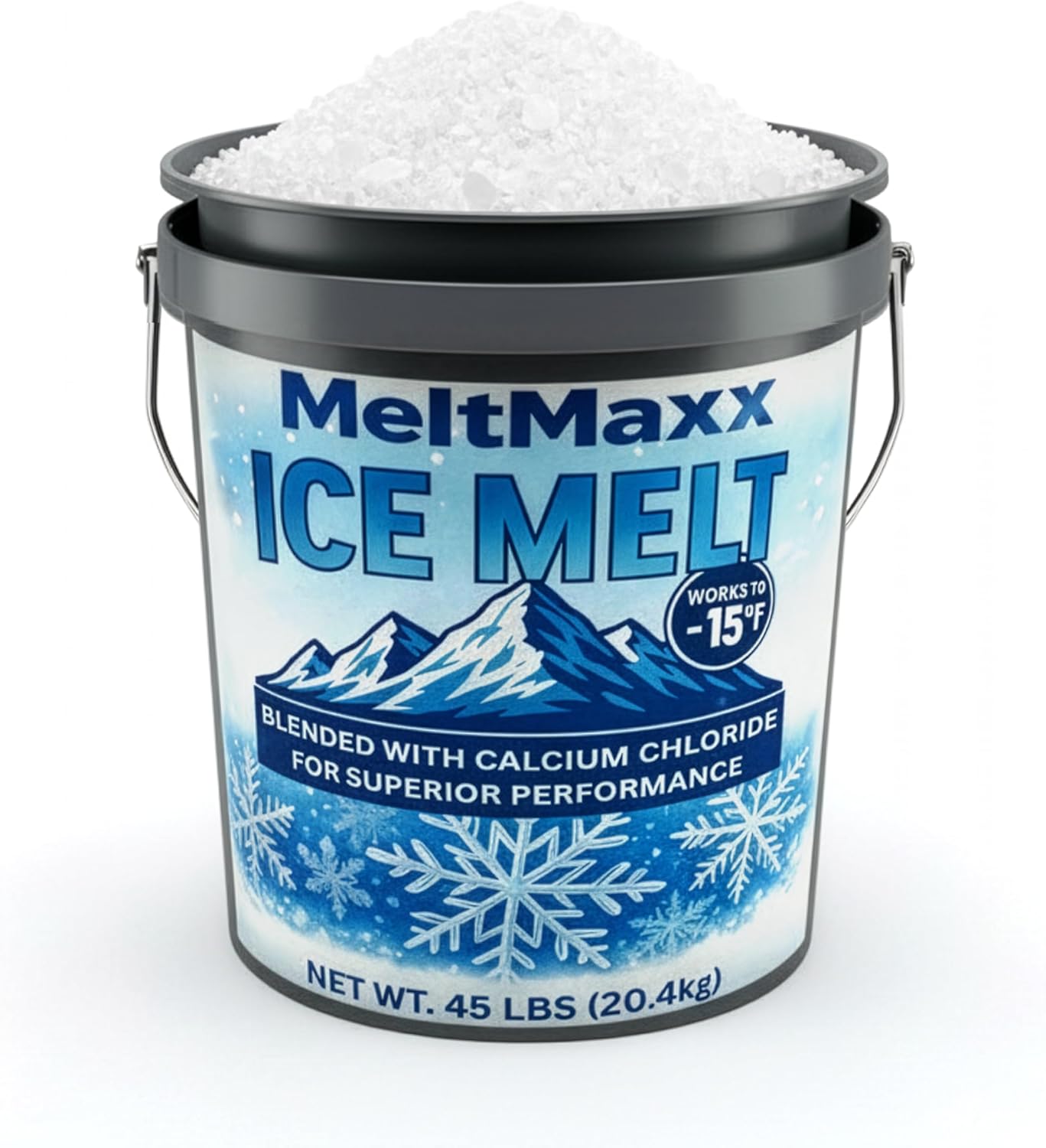 MeltMaxx Ice Melt 45 lb Pail – Calcium Chloride & Rock Salt Blend, Ice & Snow Melter, Effective to -15°F, Ideal for Driveways & Sidewalks