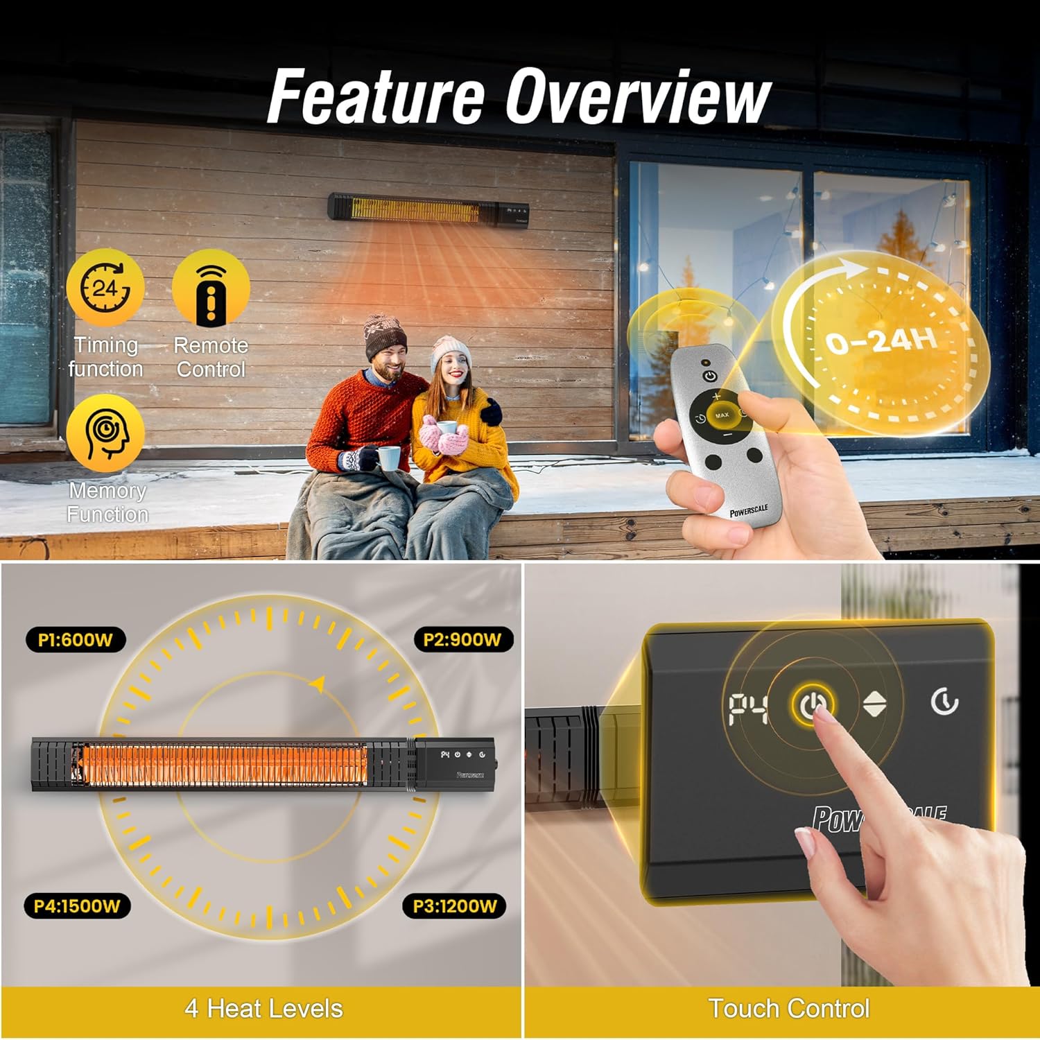 PowerScale 1500W Infrared Electric Patio Heater with Tripod Stand, IP65 Rated, 4 Heat Levels & 24H Timer with Remote, For Covered Outdoor/Indoor & Spot Heating