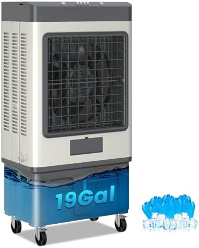 VCJ 6500CFM Swamp Cooler, Evaporative Air Cooler with 19Gal Water Tank, 8 Ice Packs, 120°Oscillation, 3 Speeds, Swamp Cooler Air Conditioner for Outdoor Patio Garage Commercial Industrial Use