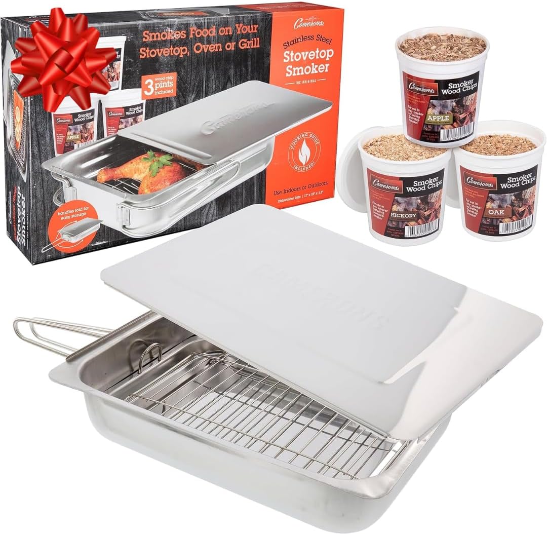 Camerons Original Stovetop Smoker -Smoker Box Gift Set w/Oak, Apple, Hickory Wood Chip Pints & Recipe Guide- Indoor Outdoor Use - Great for Smoking Meats - Barbecue Grilling Holiday Xmas Gift for Men