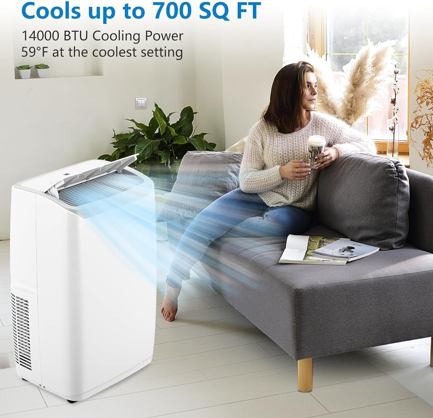 3-in-1 Portable Air Conditioner - 14,000 BTU for Rooms up to 750 Sq.Ft, Fan Mode, Convenient Remote Control, Easy to Move with Wheels, Complete Window Kit Included (White)