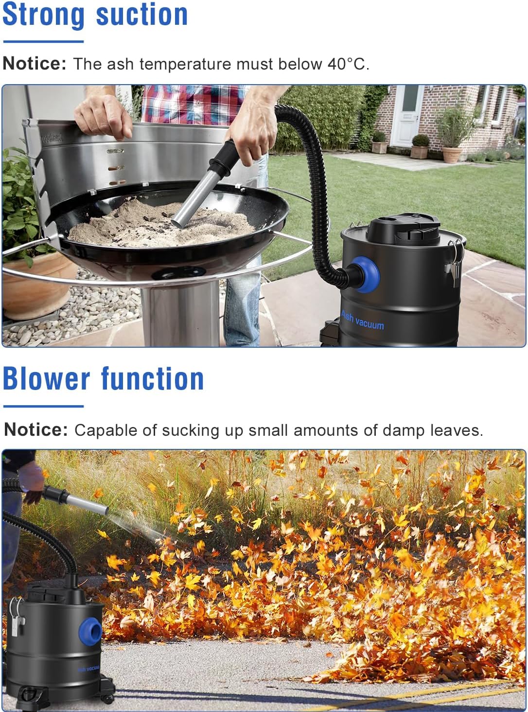 Ash Vacuum, Pellet Stove Vacuum Cleaner, 5.3 Gallon, 20kPa, 1200W Powerful Motor with Blower Function, On Wheels and HEPA Filter, The Ash Vacuum for Pellet Stoves & Wood Stoves