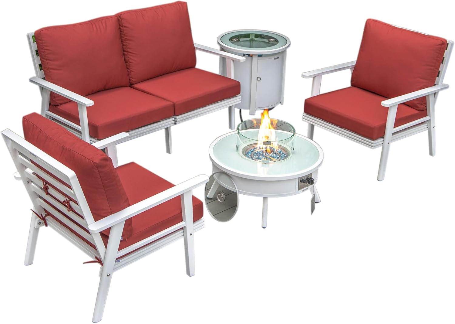 LeisureMod Walbrooke Modern Aluminum 5-Piece Patio Conversation Set with Outdoor Round Firepit Side Table Tank Holder, Red