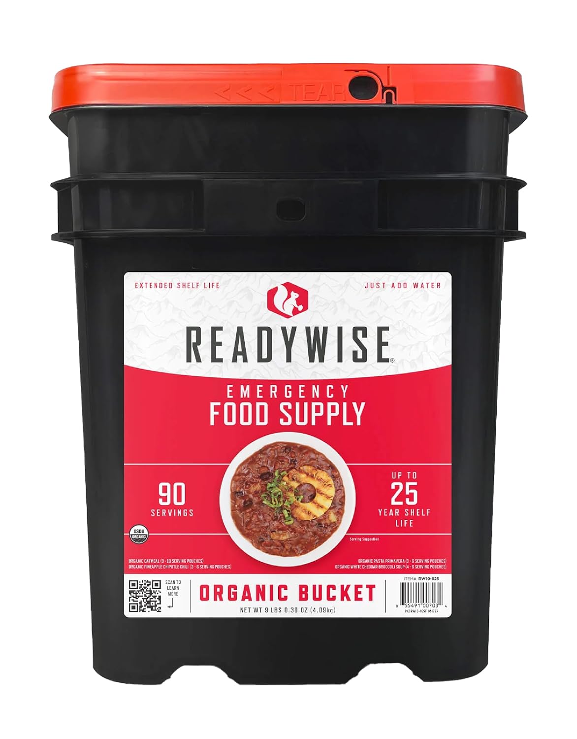 ReadyWise Emergency Food Supply - 90 Servings Organic Bucket, Protein Meals, Dehydrated & Freeze Dried Survival Food for Backpacking, Camping Essentials & Prepping Supplies, up to 25 Year Shelf Life