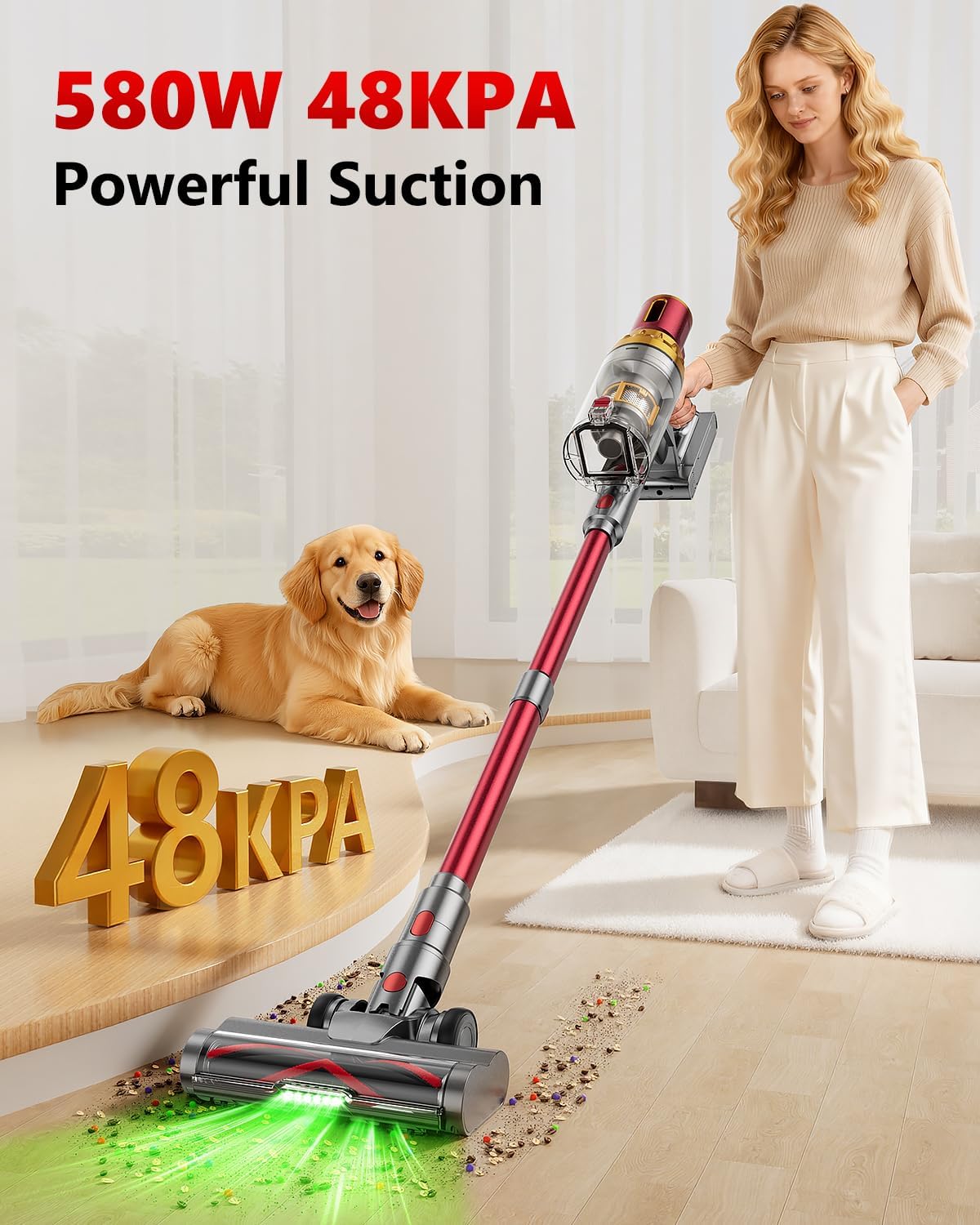 Cordless Vacuum Cleaner, 580W 48Kpa 65Mins Vacuum Cleaners for Home, Self-Standing Stick Vacuum with Auto Scrapping Dust Tech, Low Noise Rechargeable Cordless Vacuum for Hardfloor, Carpets, Pet Hair