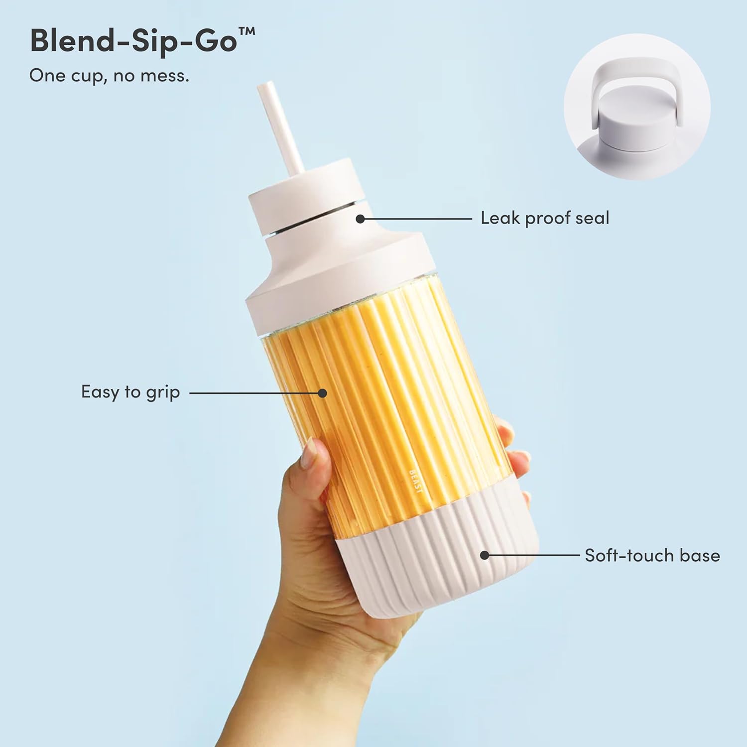 The Beast Mini Blender Plus | Mini Countertop Kitchen Blender | Blend Smoothies and Shakes, Dressings, Sauces, Dips | Extra Vessels, Straw Cap and Straws Included | 600W (Cloud White)