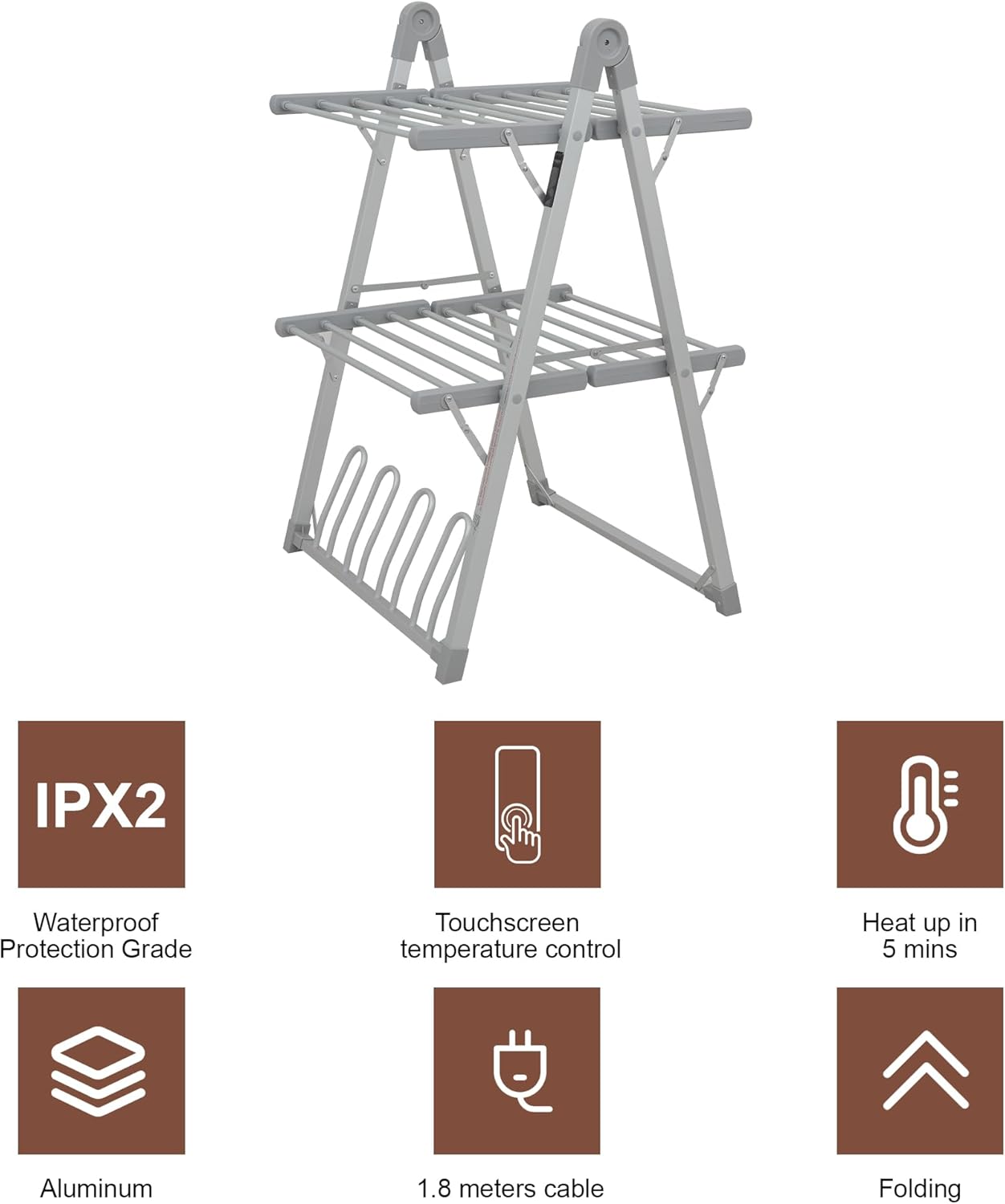 Electric Heated Clothes Drying Rack,Foldable Heated Garment Dryer with Timer Shut-Off Laundry Rack for Clothes Shoes Socks,Aluminum Alloy,Silvery Gray,Plug & Play,(39.37x25.98x23.82in)