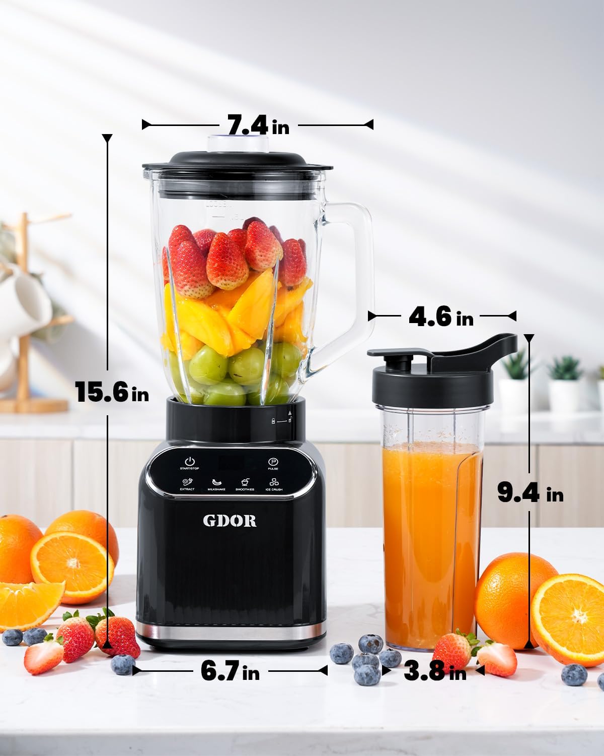 GDOR Professional Blender for Smoothies, 5 Functions, 1200 Peak Watts Smoothie Blender, 52 Oz Glass Jar & 24 Oz To-Go Cup Combo, Ice Crushing & Frozen Fruit, Self-Cleaning, Black