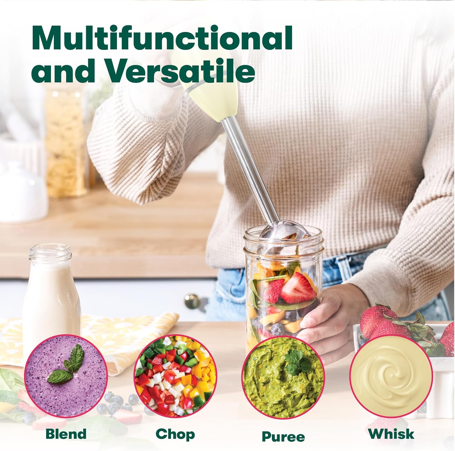 BELLA 2-Speed Hand Immersion Blender with Whisk Attachment, 250 Watt, Yellow, Immersion Blender with Dishwasher Safe Whisk & Blending Attachments for Food Prep (17577)