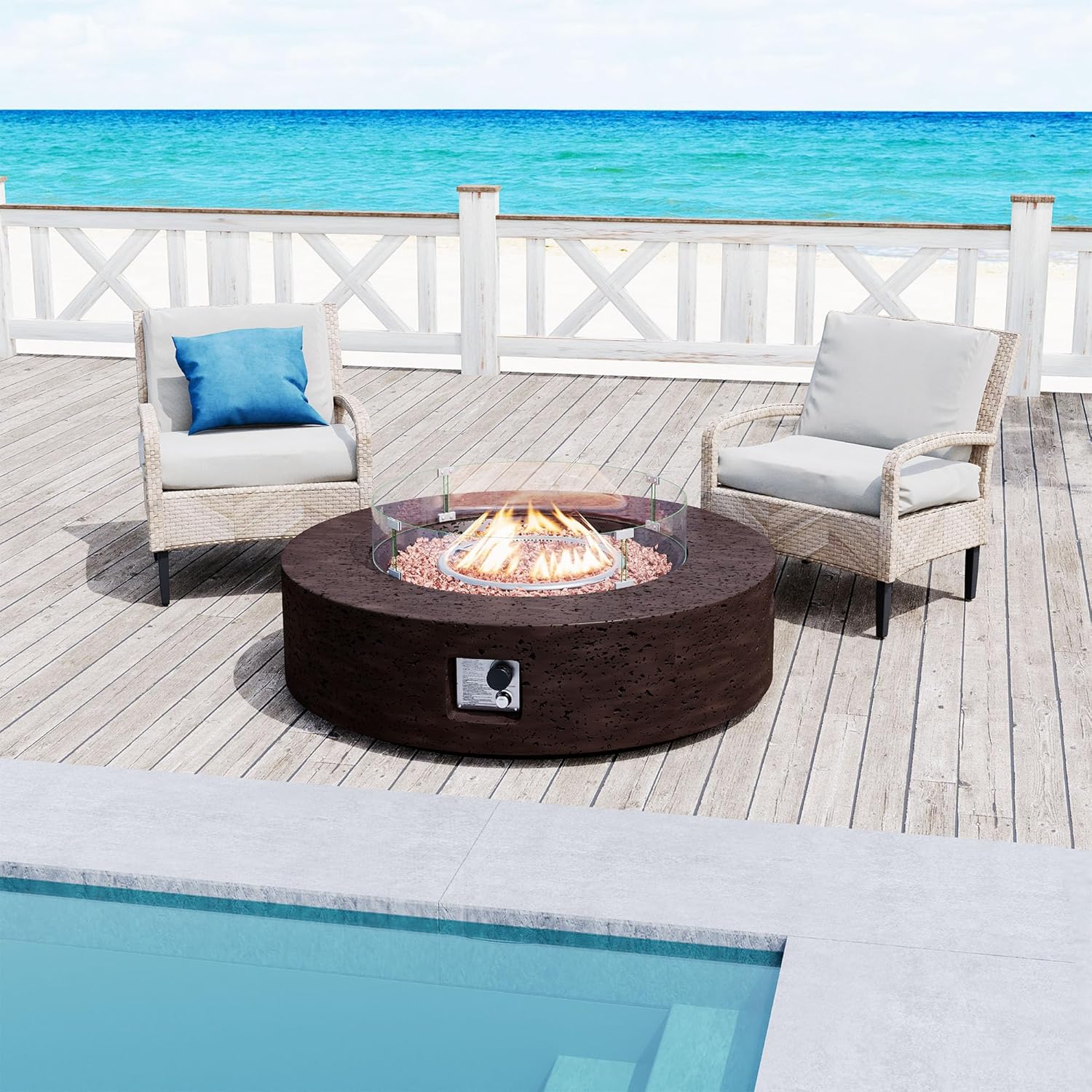 SUNBURY Propane Outdoor Fire Pit, Gas Patio Fire Table 50,000 BTU Concrete Travertine Design, CSA Certified, 42in Round Firepit with Lava Rocks, Wind Guard, Waterproof Cover (Brown)