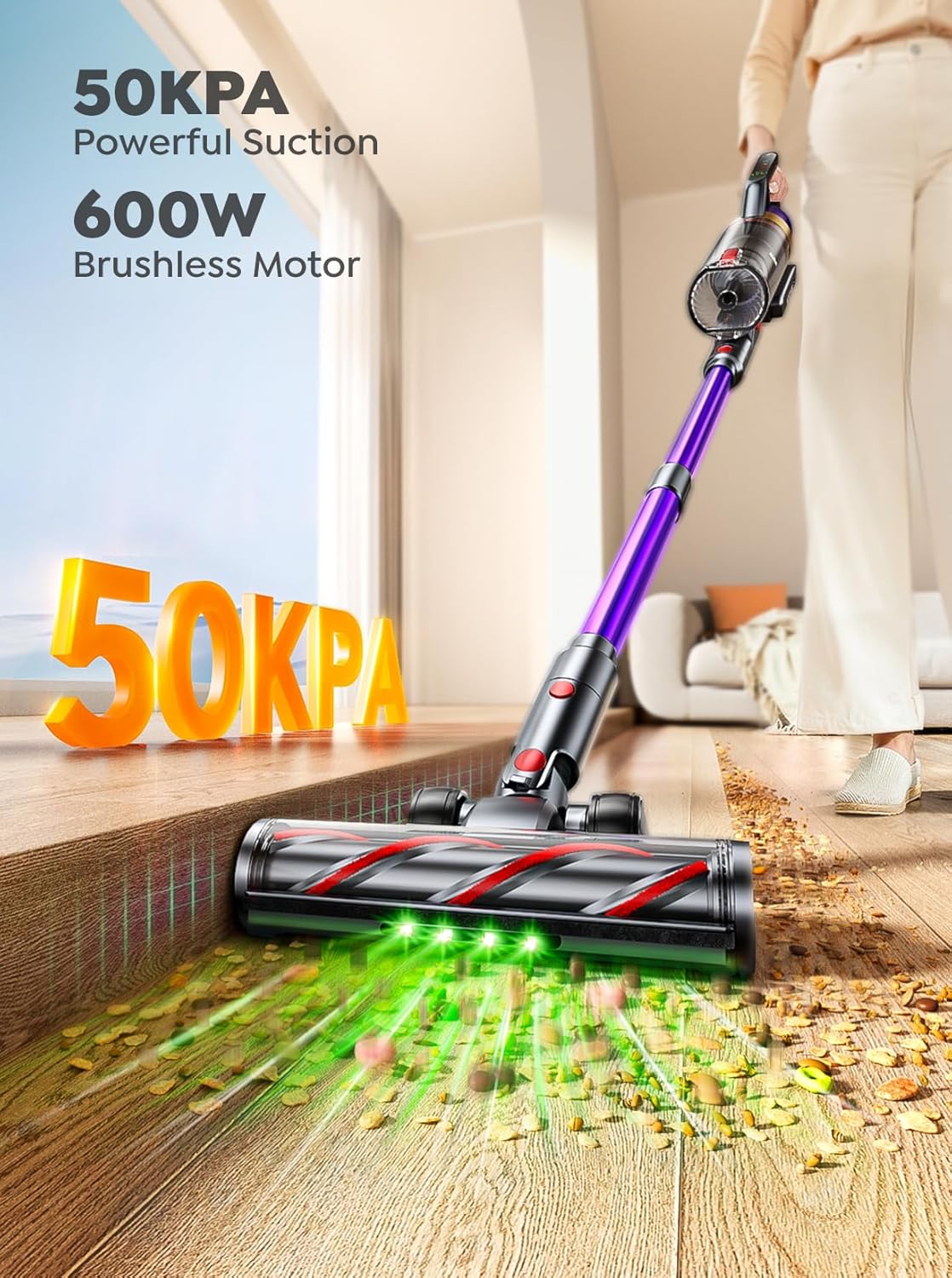 Cordless Vacuum Cleaner, 600W 50KPA 65 Mins Vacuum Cleaners for Home, Anti-Tangle Stick Vacuum with Touch Screen, Wall Mount Charging, Upgraded Vacuum Cordless for Pet Hair/Carpet/Floors