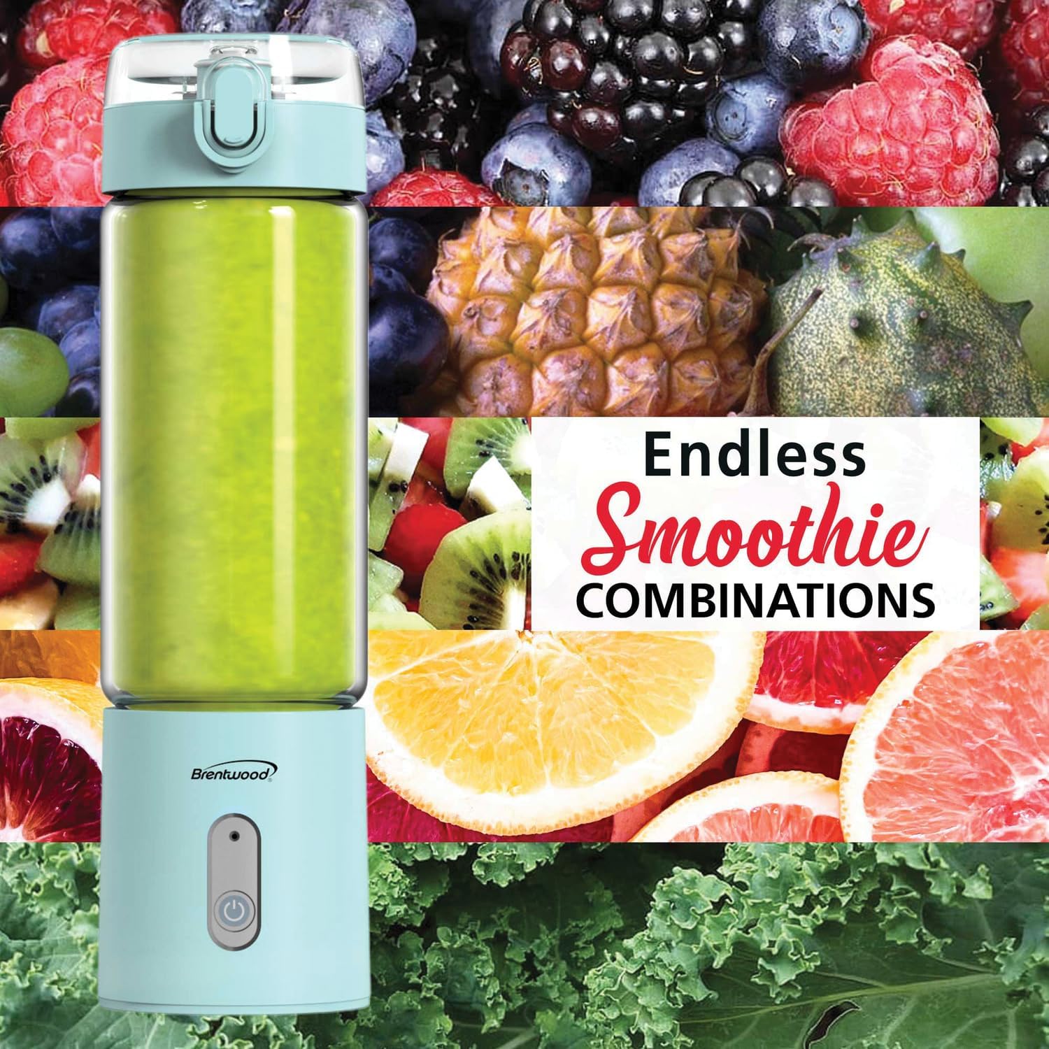 Brentwood 50-Watt 17-Oz. Portable Battery-Operated USB-Chargeable Glass Blender (Blue)