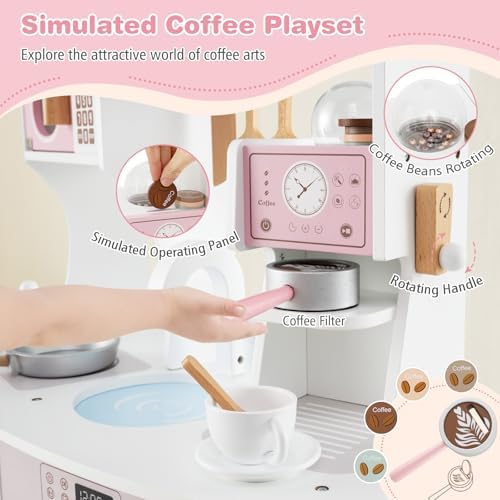 Costzon Play Kitchen, Wooden Toy Kitchen Set with Coffee Maker Playset, Washing Machine, Microwave, Oven, Pretend Play Cooking Accessories, Kids Kitchen Playset, Gift for Boys Girls (Pink)