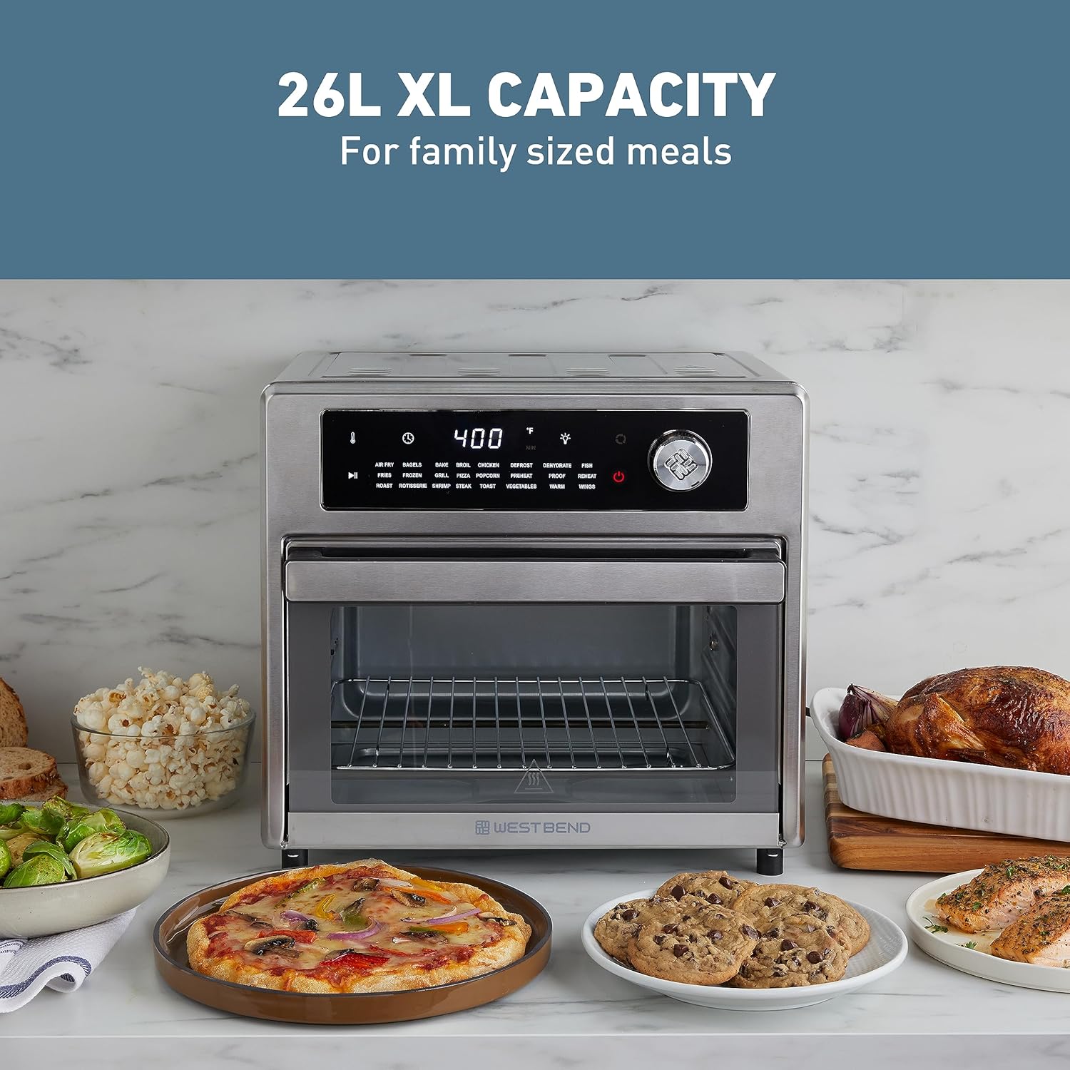 West Bend XL Air Fryer Oven 26-Quart with Digital Controls Easy-View Door and 24 Cooking Presets, Includes Nine Accessories, 1700-Watts, Metallic