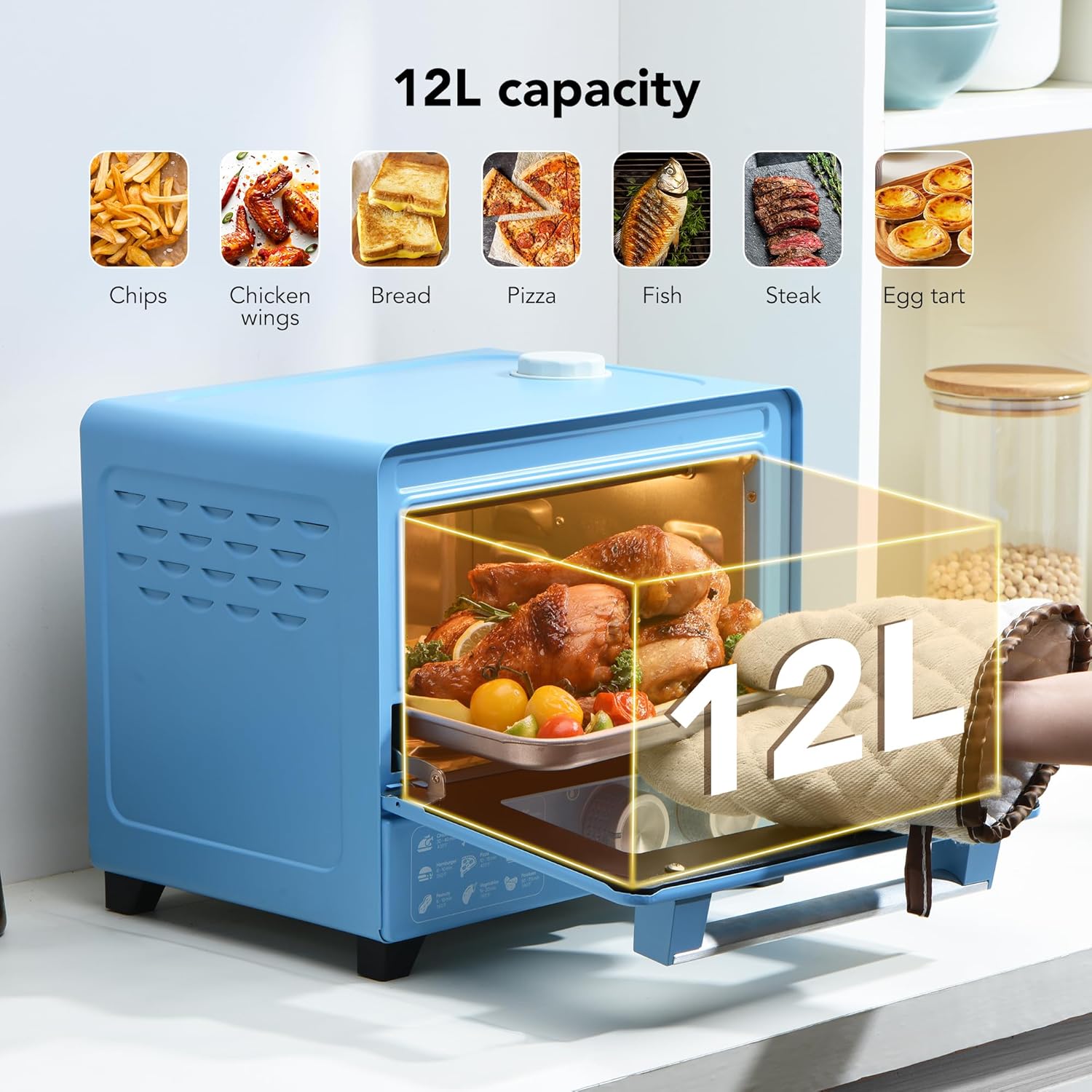 12.7 QT 6-in-1 Air Fryer Toaster Oven with Steam Infusion, Compact, Fast Preheat, Air Fry, Bake, Roast, Broil, Reheat & Steam, Perfect for Small Contertop, Blue