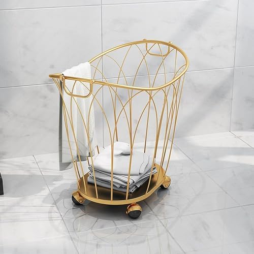 Rolling Laundry Basket, Blanket Metal Rolling Laundry Basket on Wheels Nordic Luxury Laundry Hamper Sturdy Iron Art Dirty Clothes Hamper w/Metal Handle Blanket Toy Organizer for Li