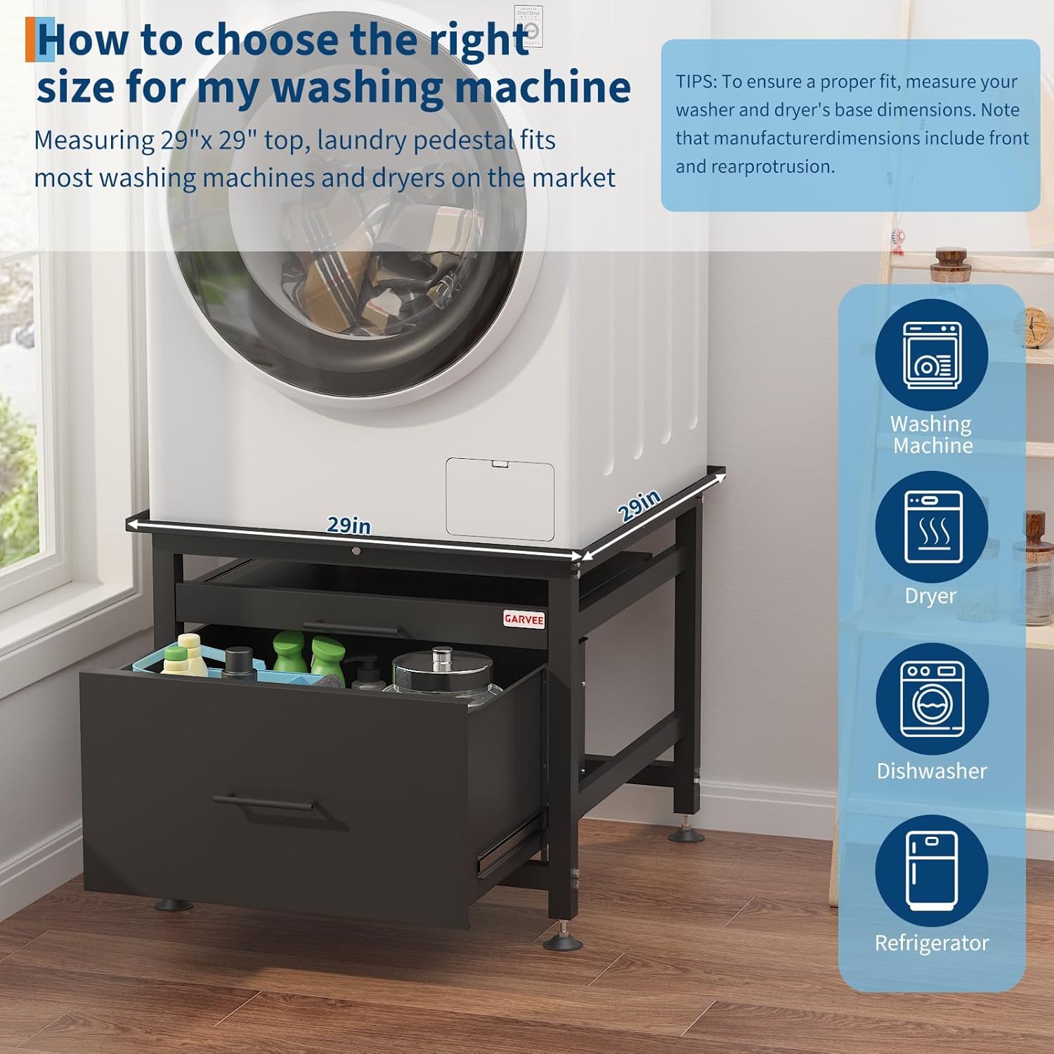 Washer and Dryer Pedestals with Pullout-Shelf and Drawer, 29