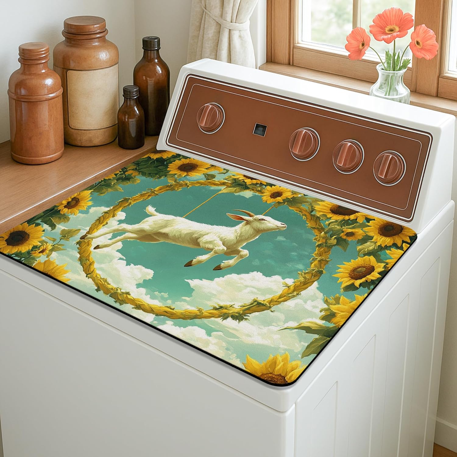 Sunflower Washer Dryer Top Protector Mat, Vintage Floral Laundry Machine Dust Covers, Rustic Rubber Anti-slip Waterproof Washer and Dryer Mats for Laundry Room 20x24 Inch